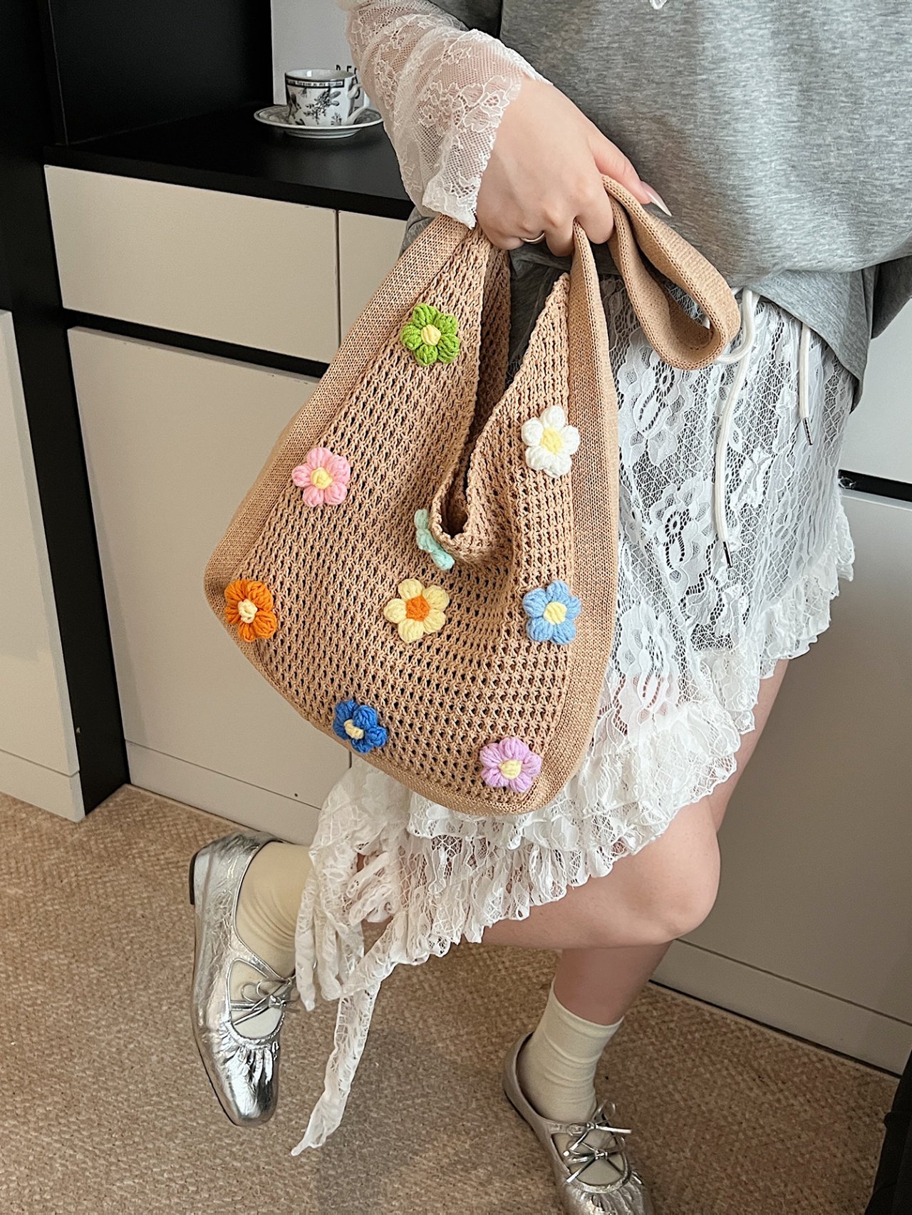 Khaki Crocheted Floral Mesh Shoulder Bag