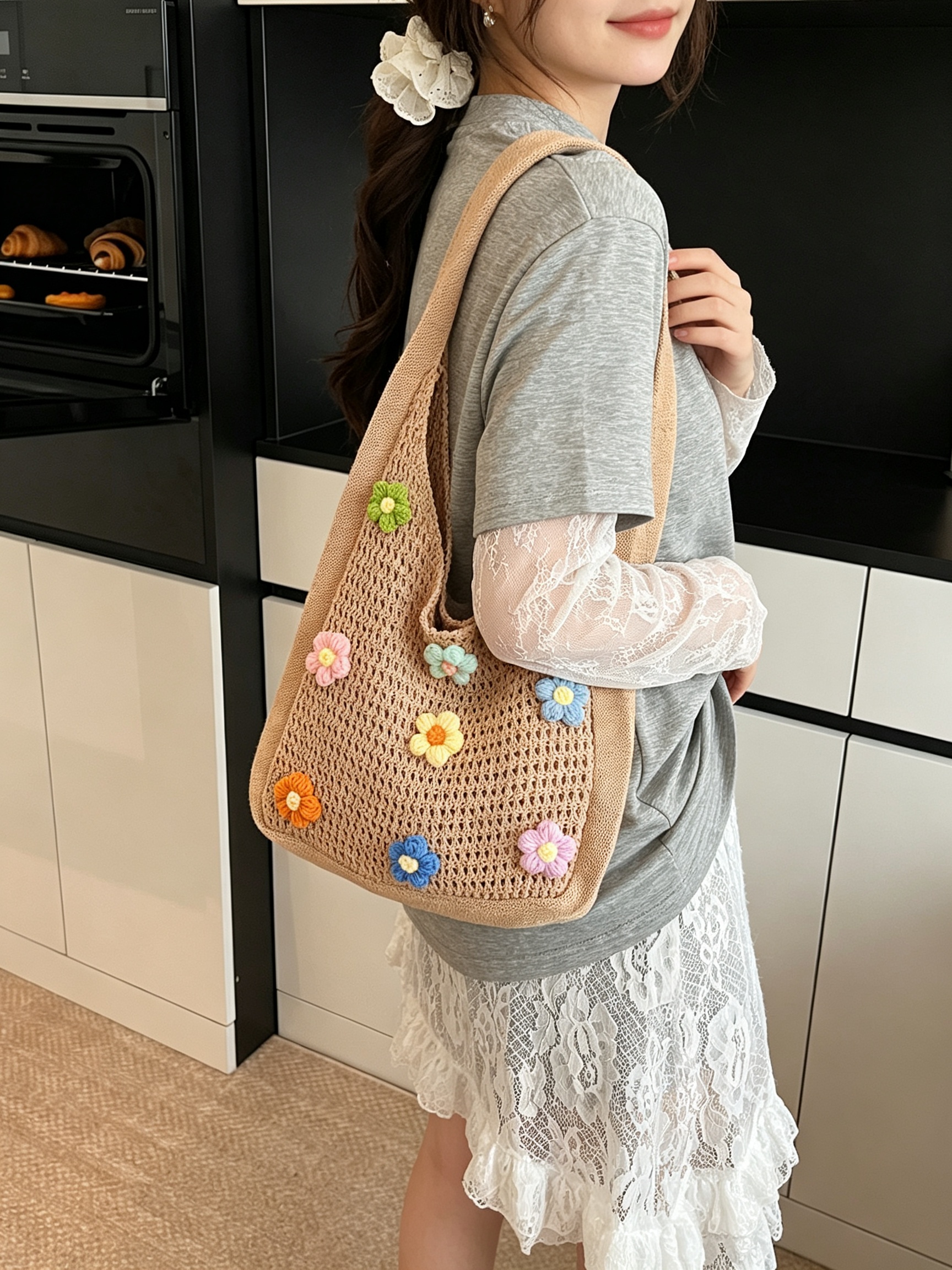 Khaki Crocheted Floral Mesh Shoulder Bag