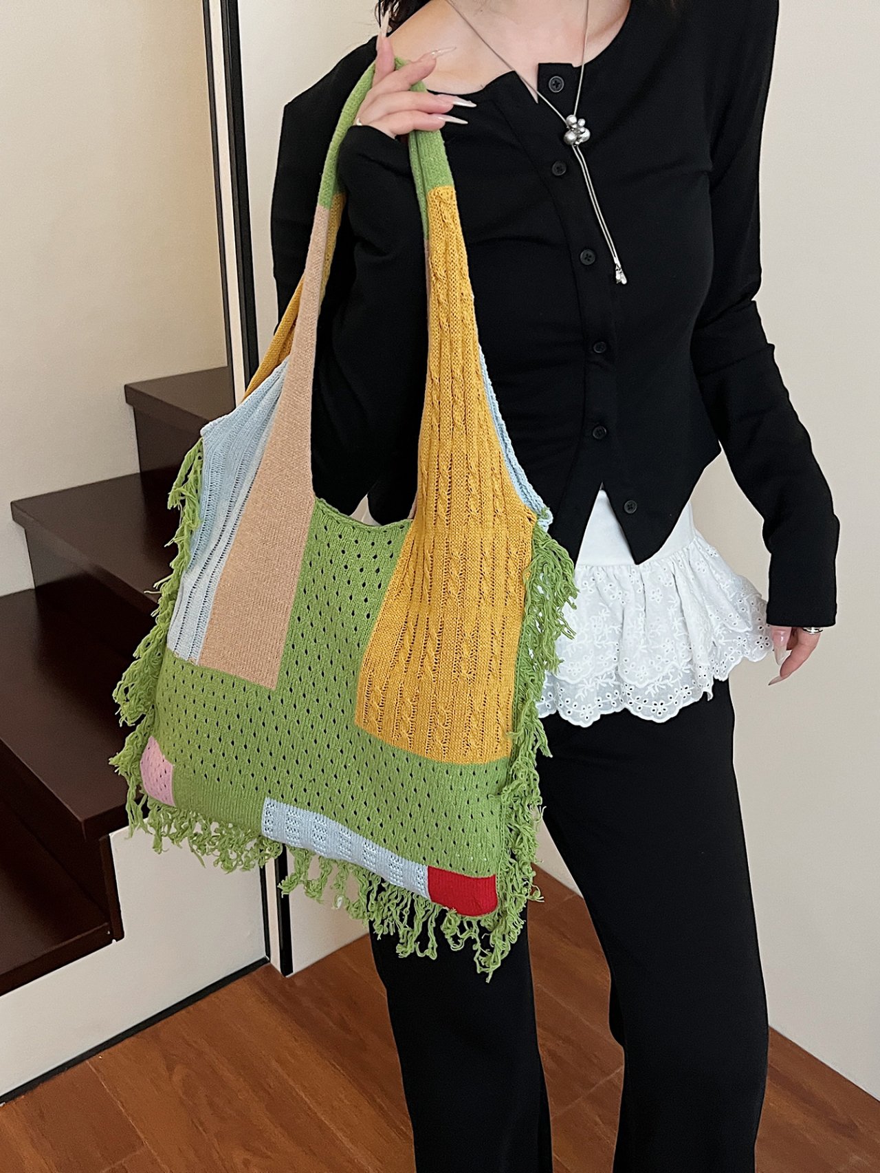 Green Patchwork Knit Shoulder Bag