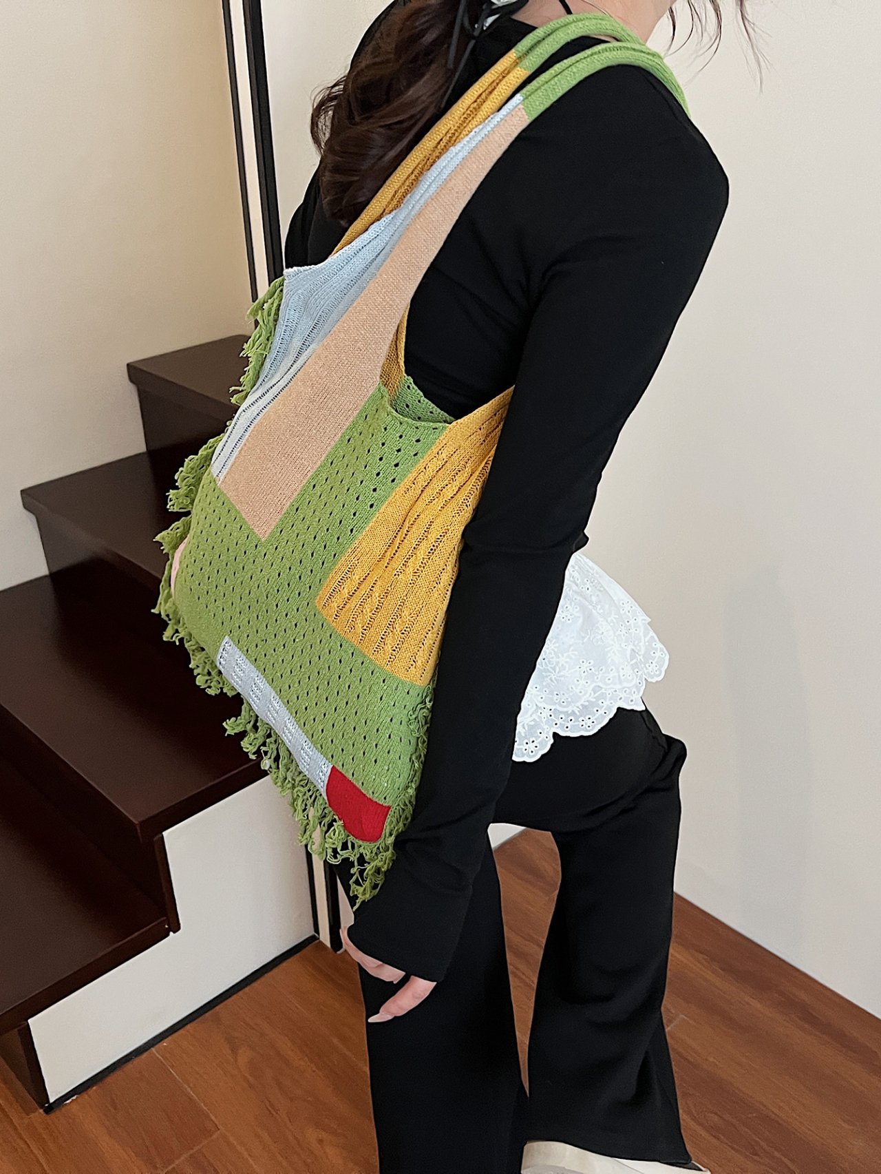 Green Patchwork Knit Shoulder Bag