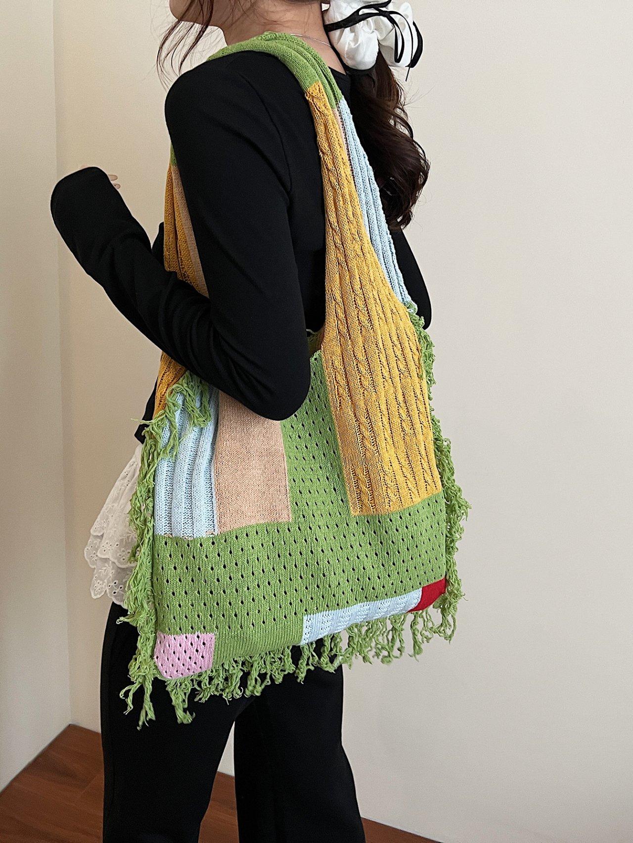 Green Patchwork Knit Shoulder Bag