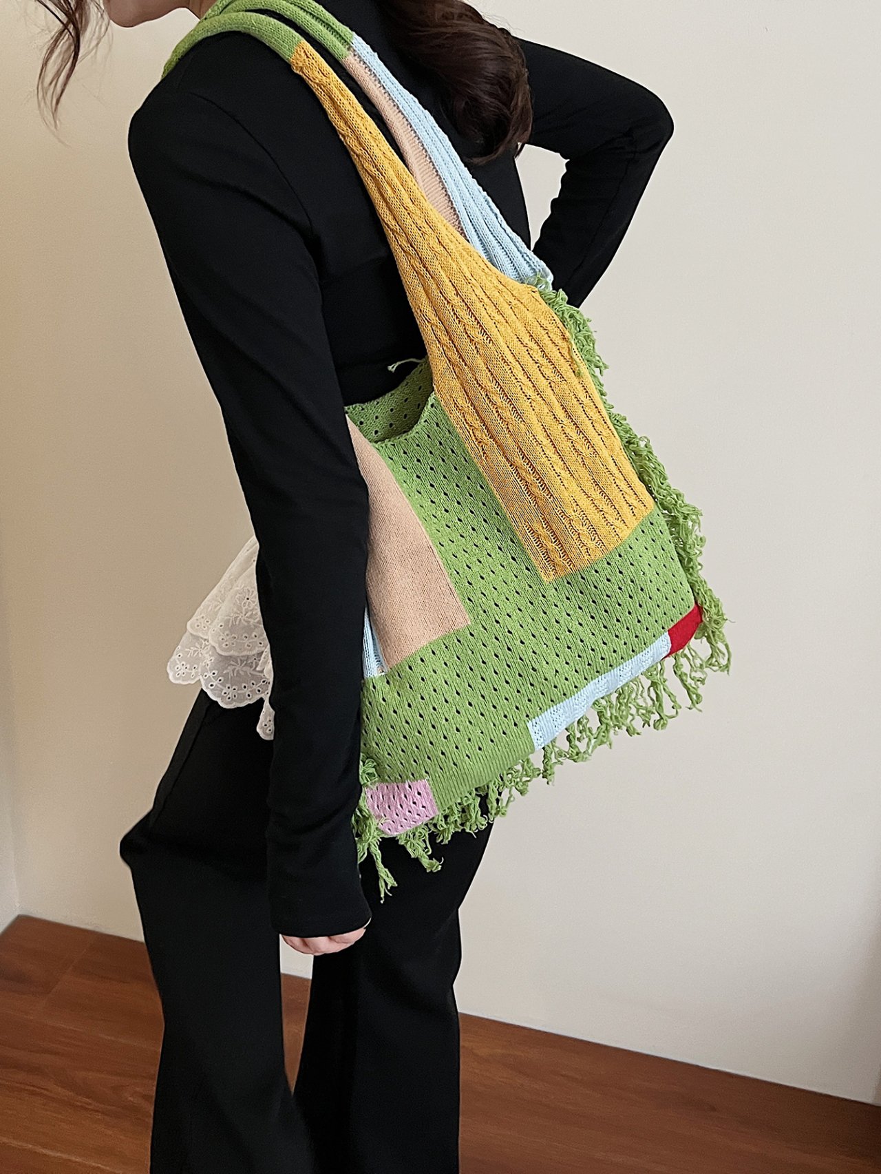 Green Patchwork Knit Shoulder Bag
