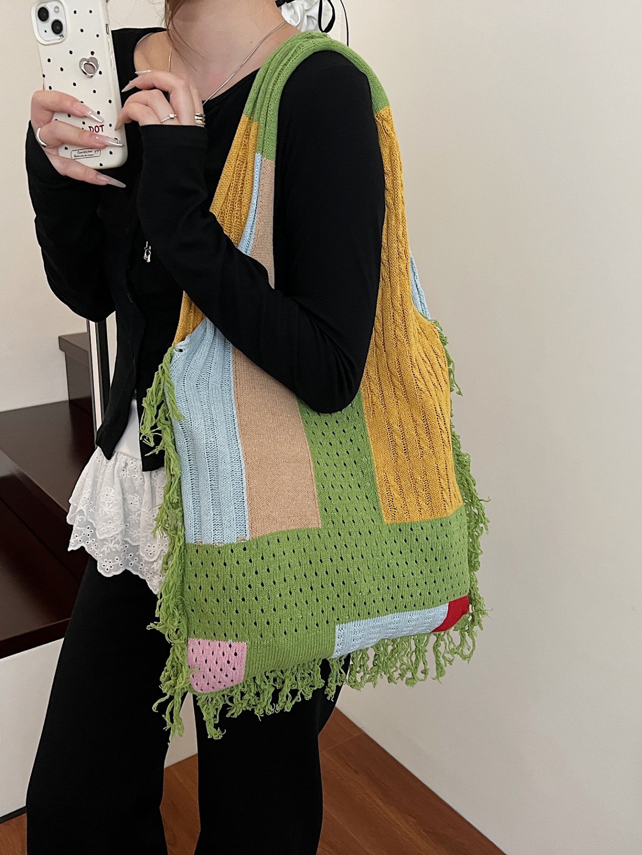 Green Patchwork Knit Shoulder Bag