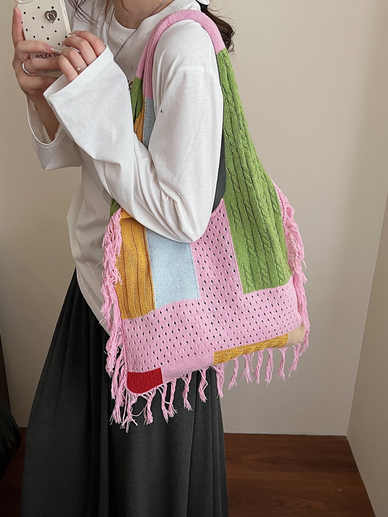  Pink Patchwork Knitted Shoulder Bag