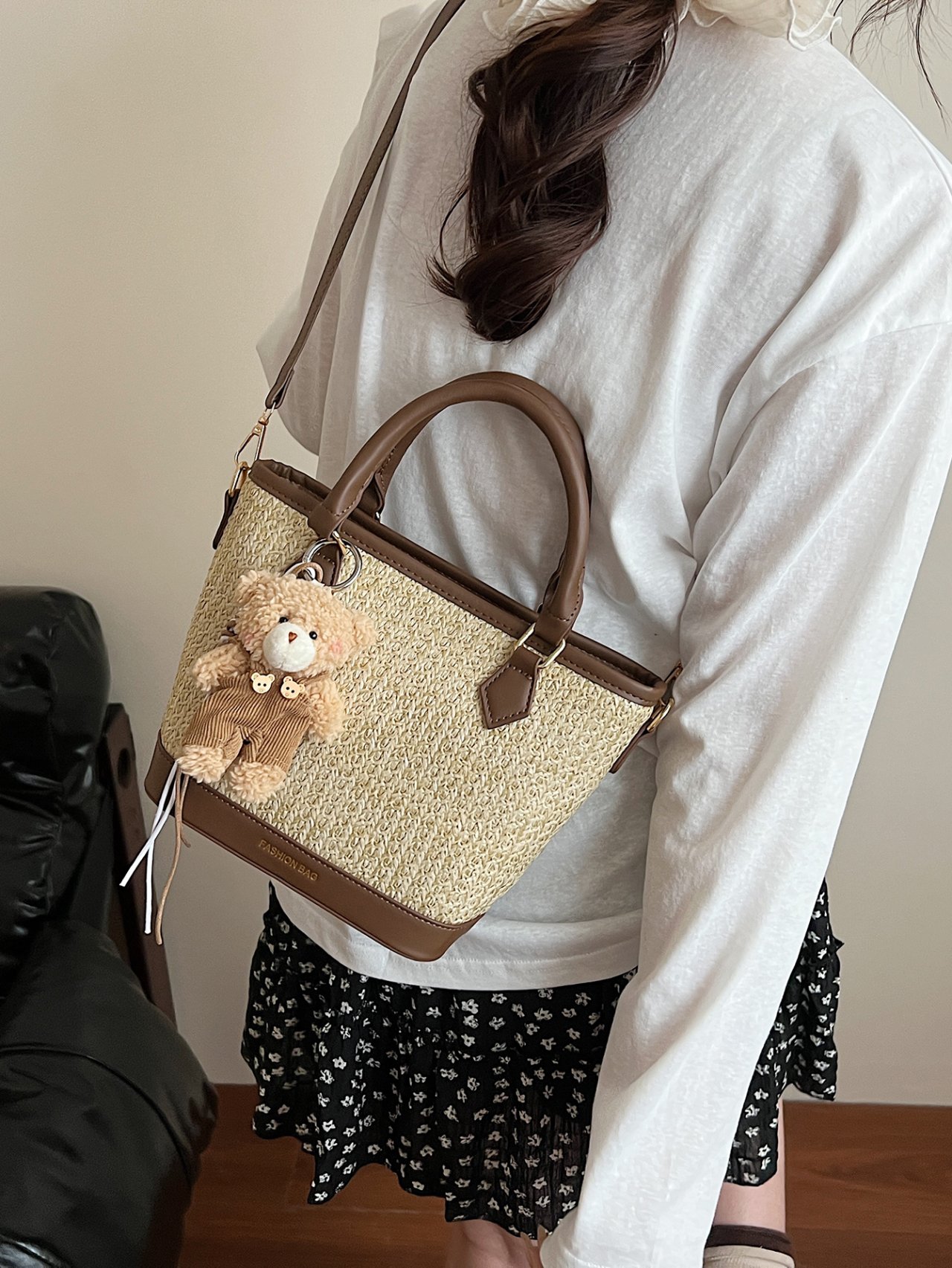  Off-White Woven Crossbody Bag with Faux Leather Trim