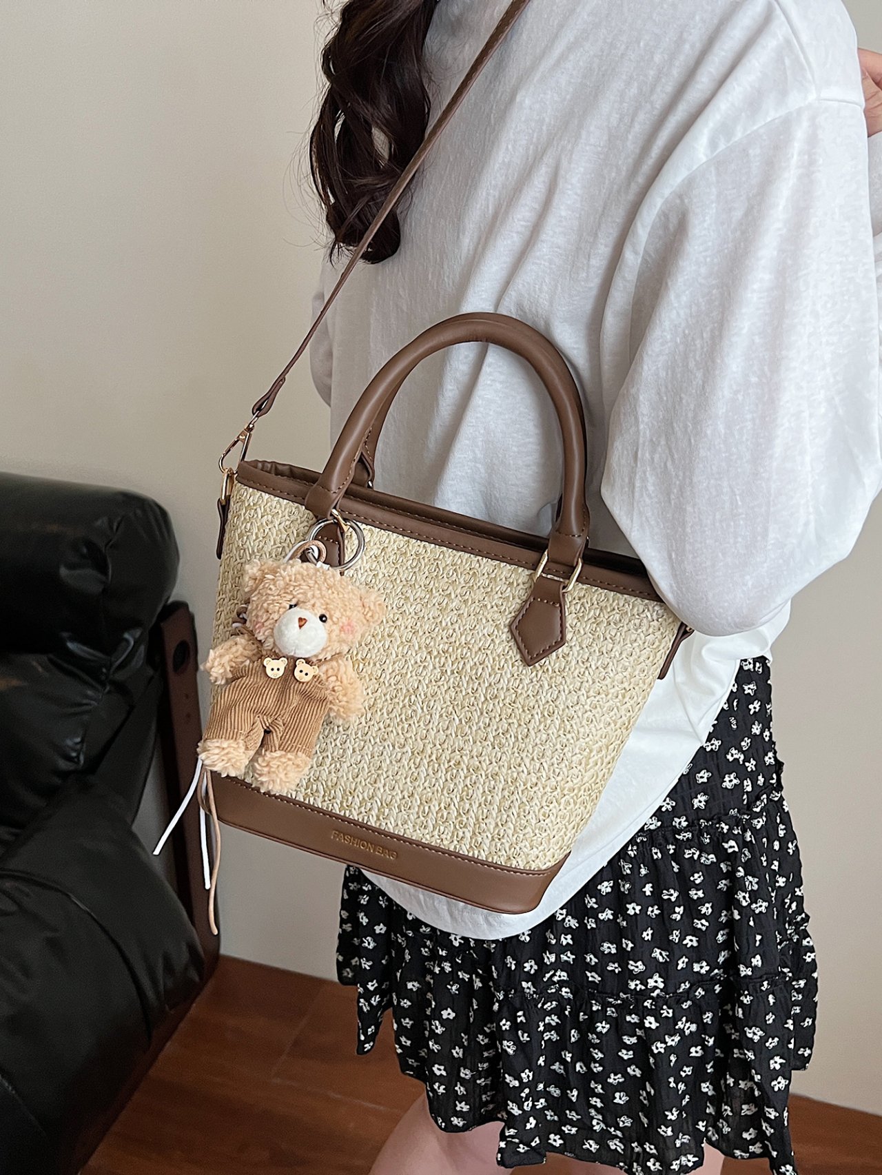  Off-White Woven Crossbody Bag with Faux Leather Trim