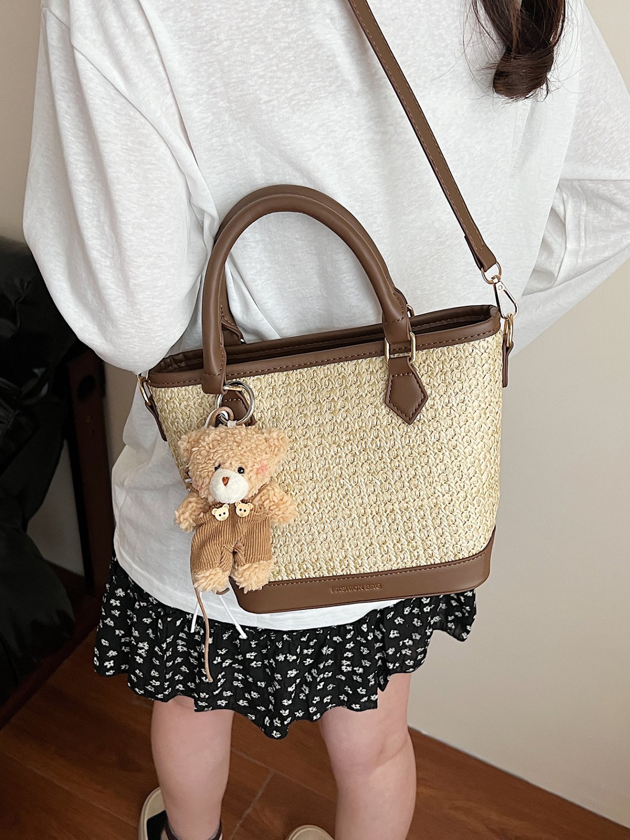  Off-White Woven Crossbody Bag with Faux Leather Trim