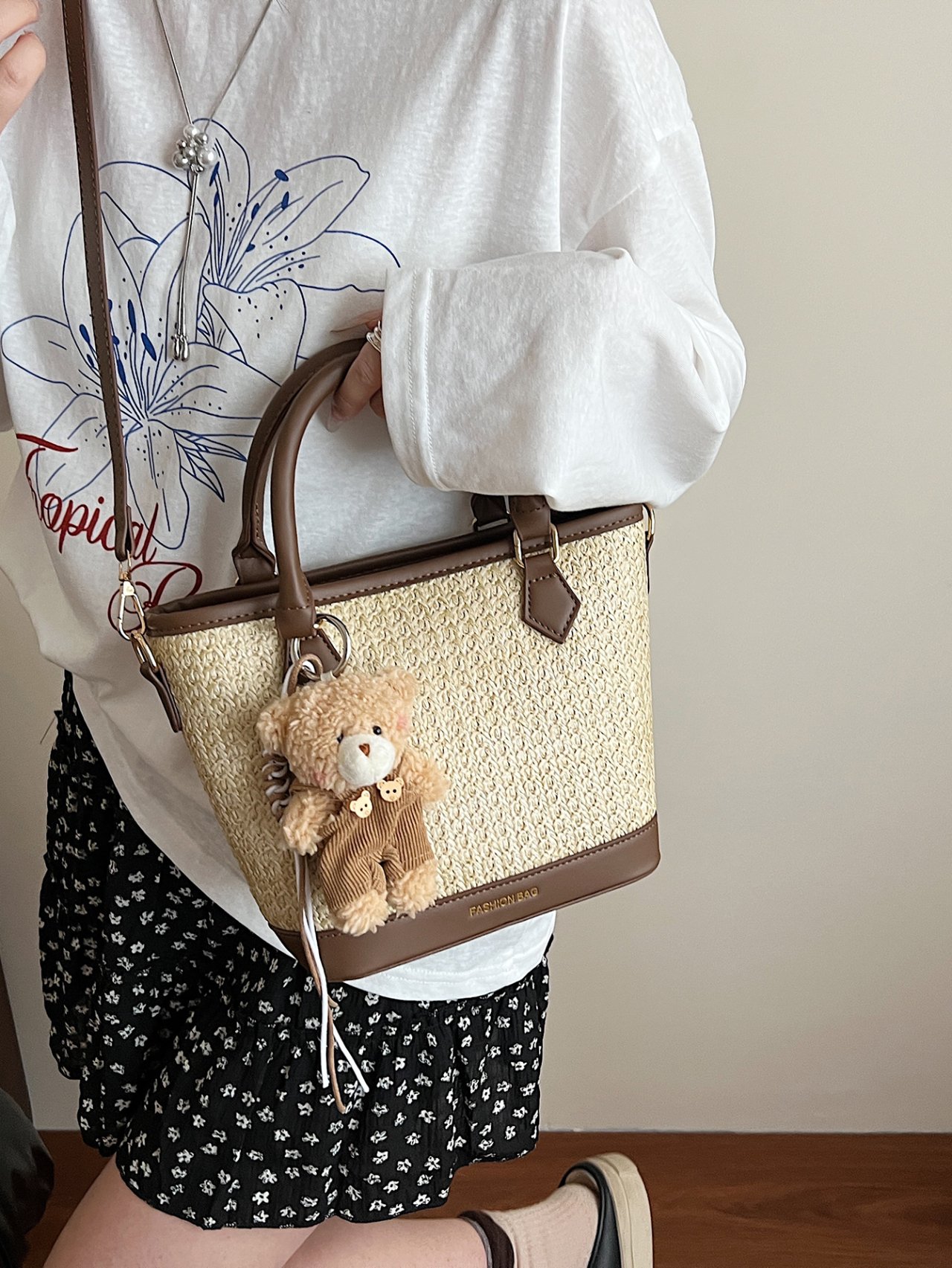  Off-White Woven Crossbody Bag with Faux Leather Trim