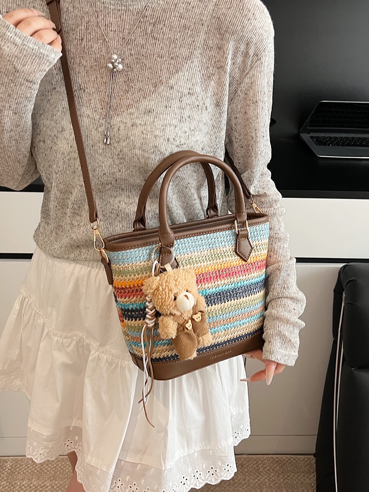 Textured Crossbody Bag with Charm