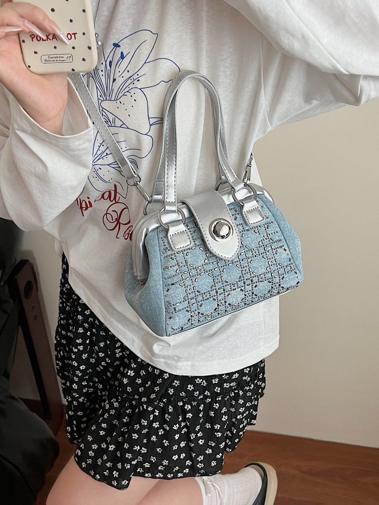 Denim Look Studded Crossbody Bag