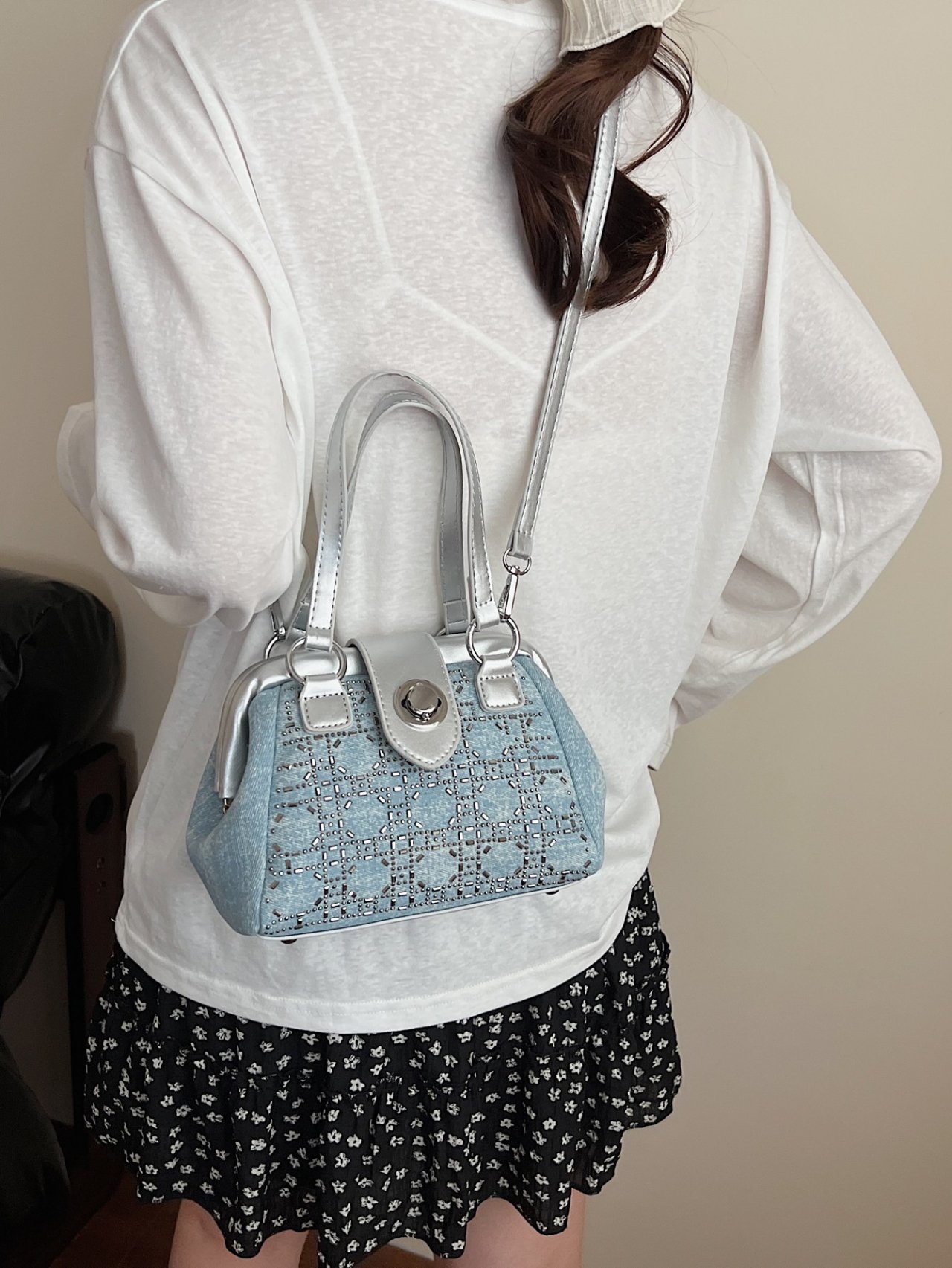 Denim Look Studded Crossbody Bag