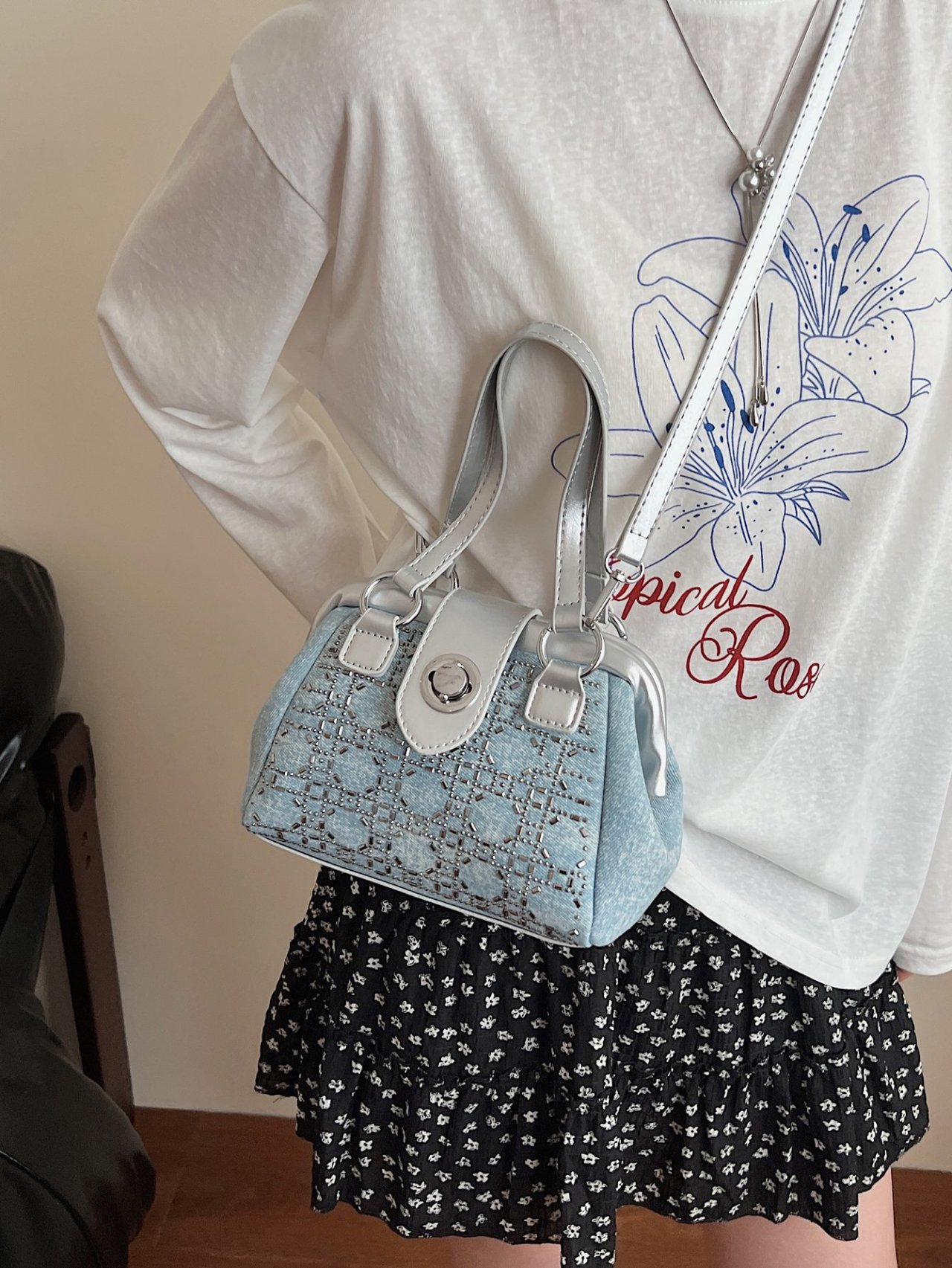 Denim Look Studded Crossbody Bag