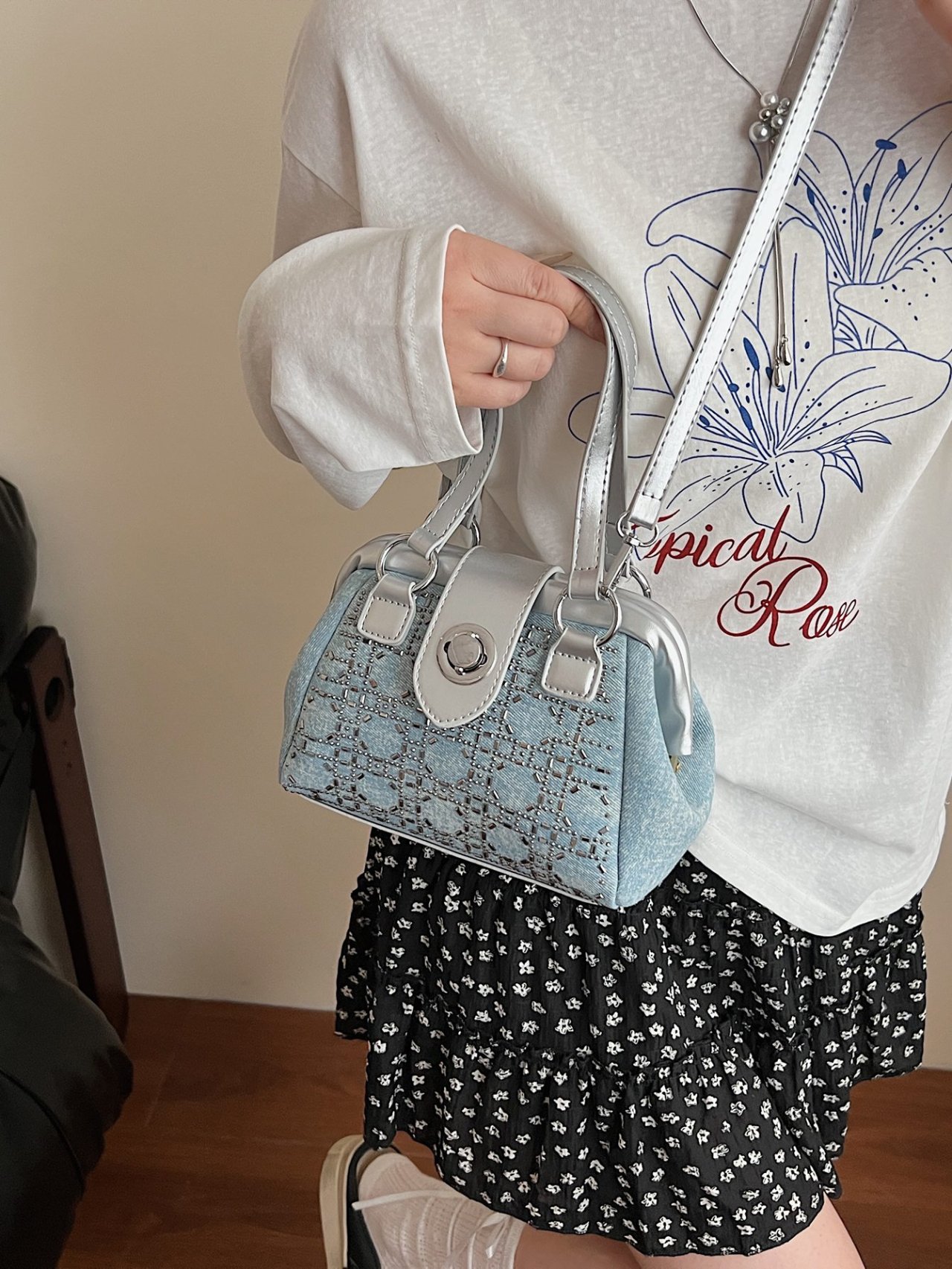 Denim Look Studded Crossbody Bag