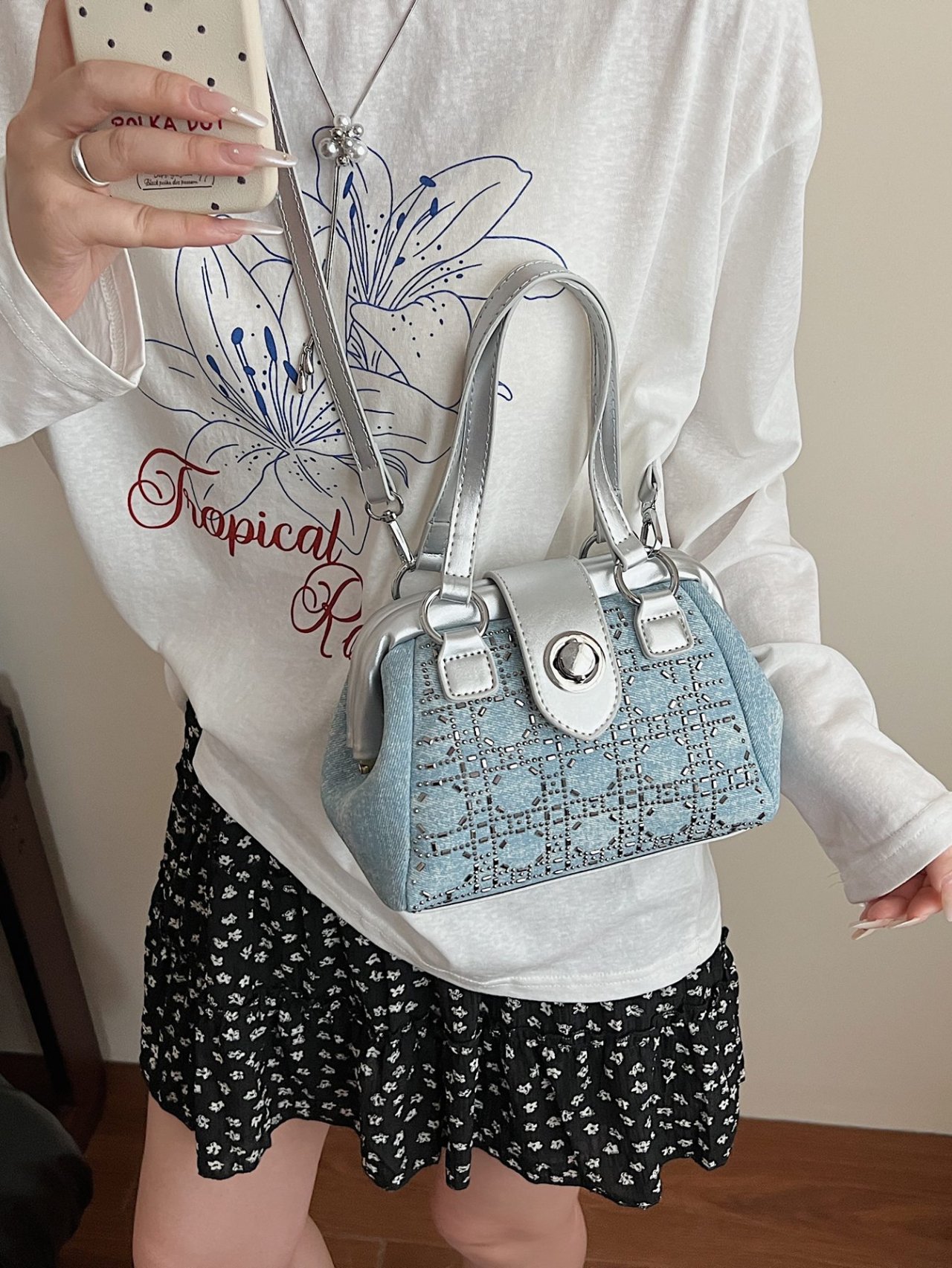 Denim Look Studded Crossbody Bag