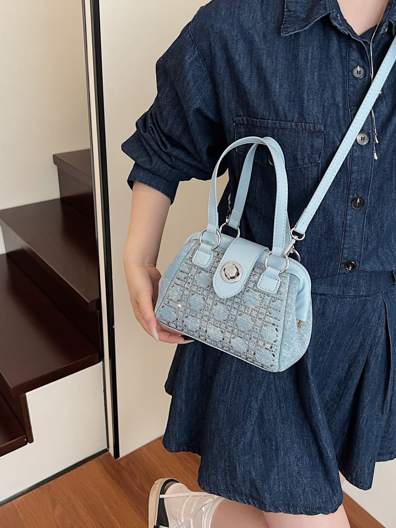 Blue Embellished Crossbody Handbag