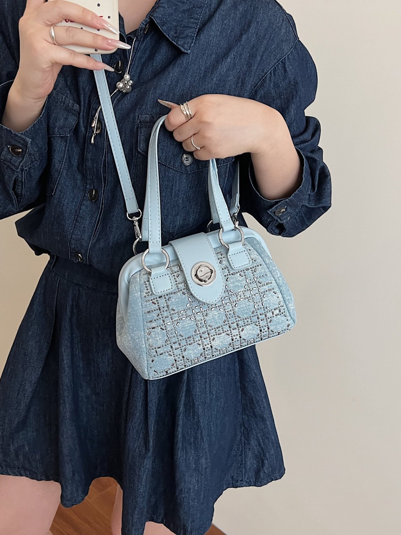 Blue Embellished Crossbody Handbag