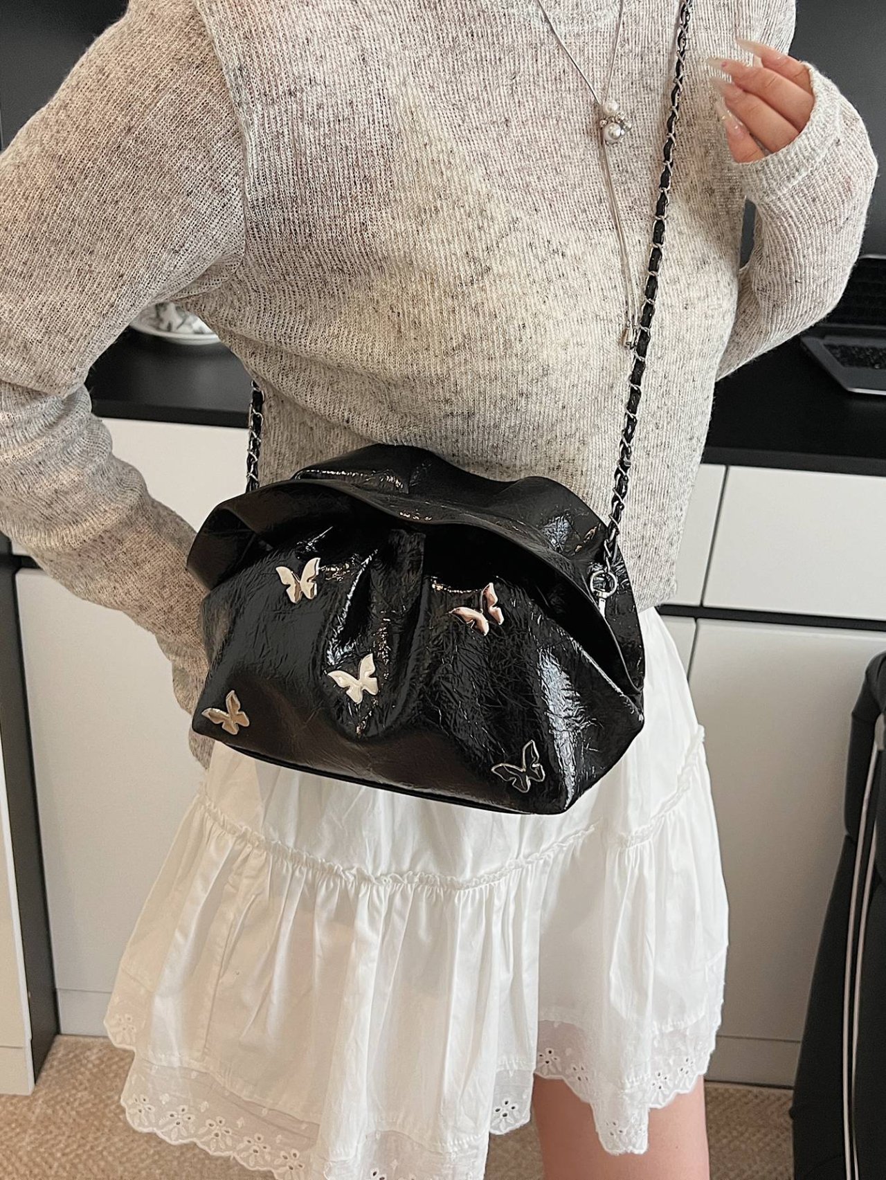 Black Patent Butterfly Crossbody Bag