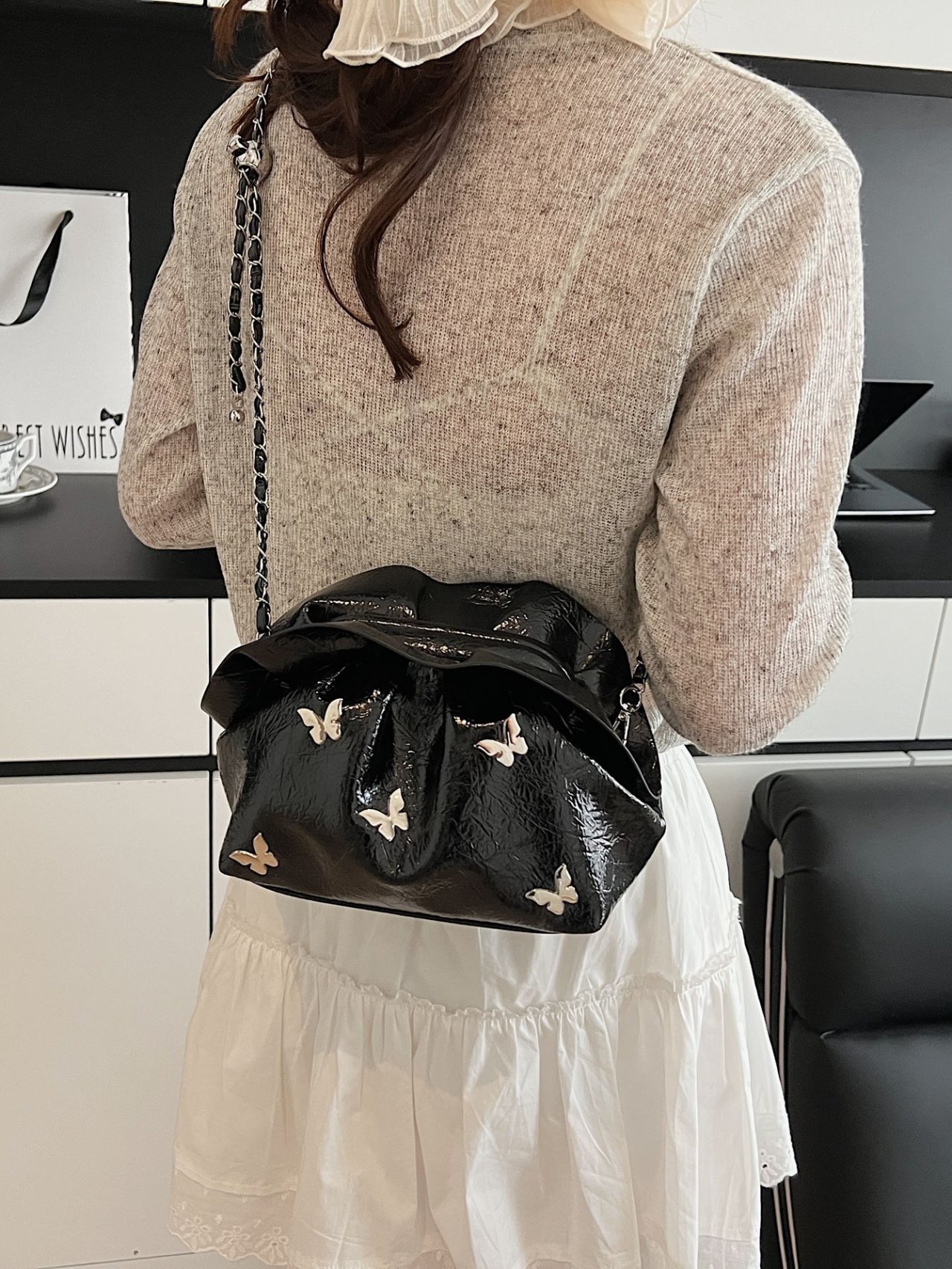 Black Patent Butterfly Crossbody Bag