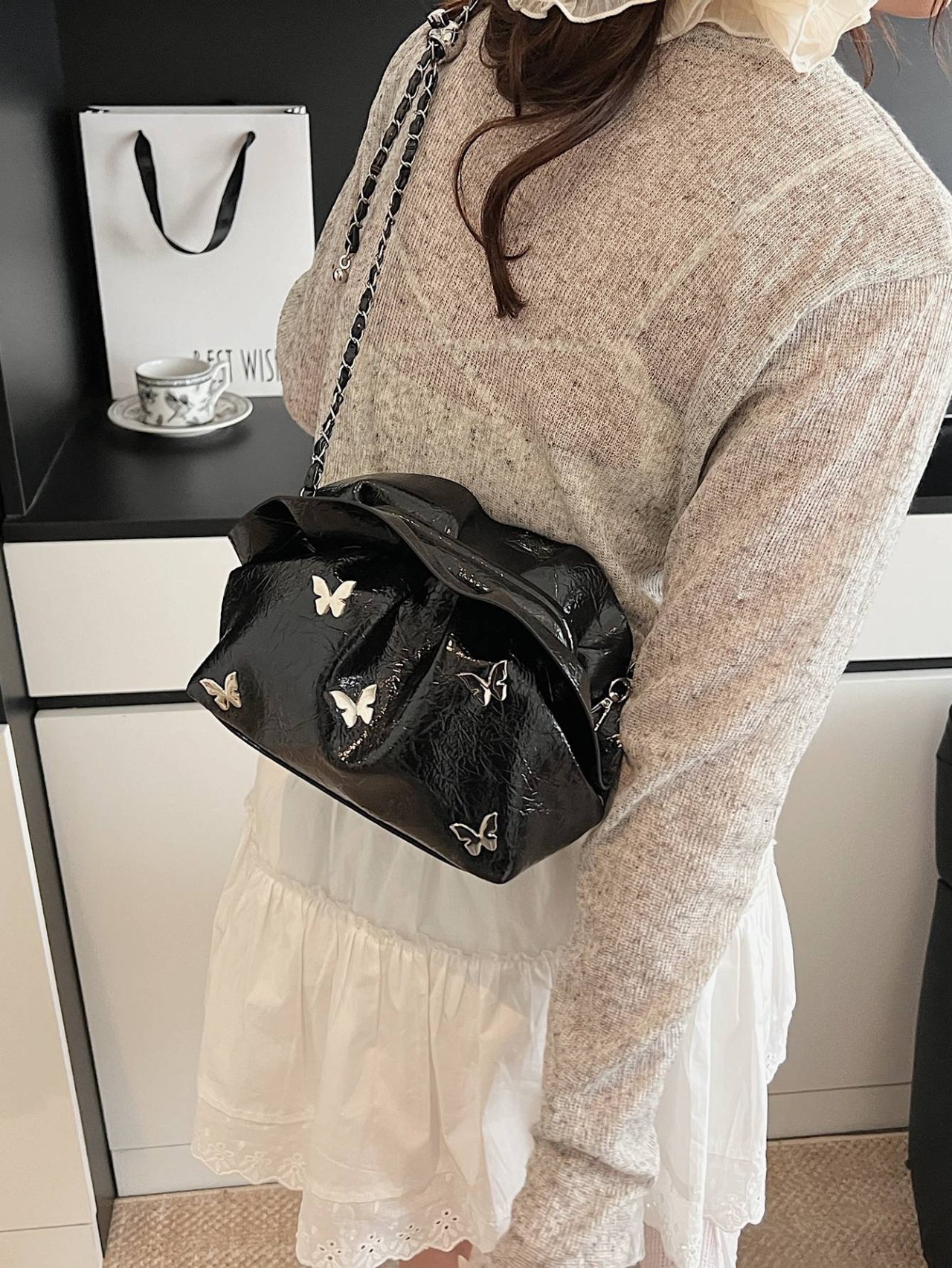 Black Patent Butterfly Crossbody Bag
