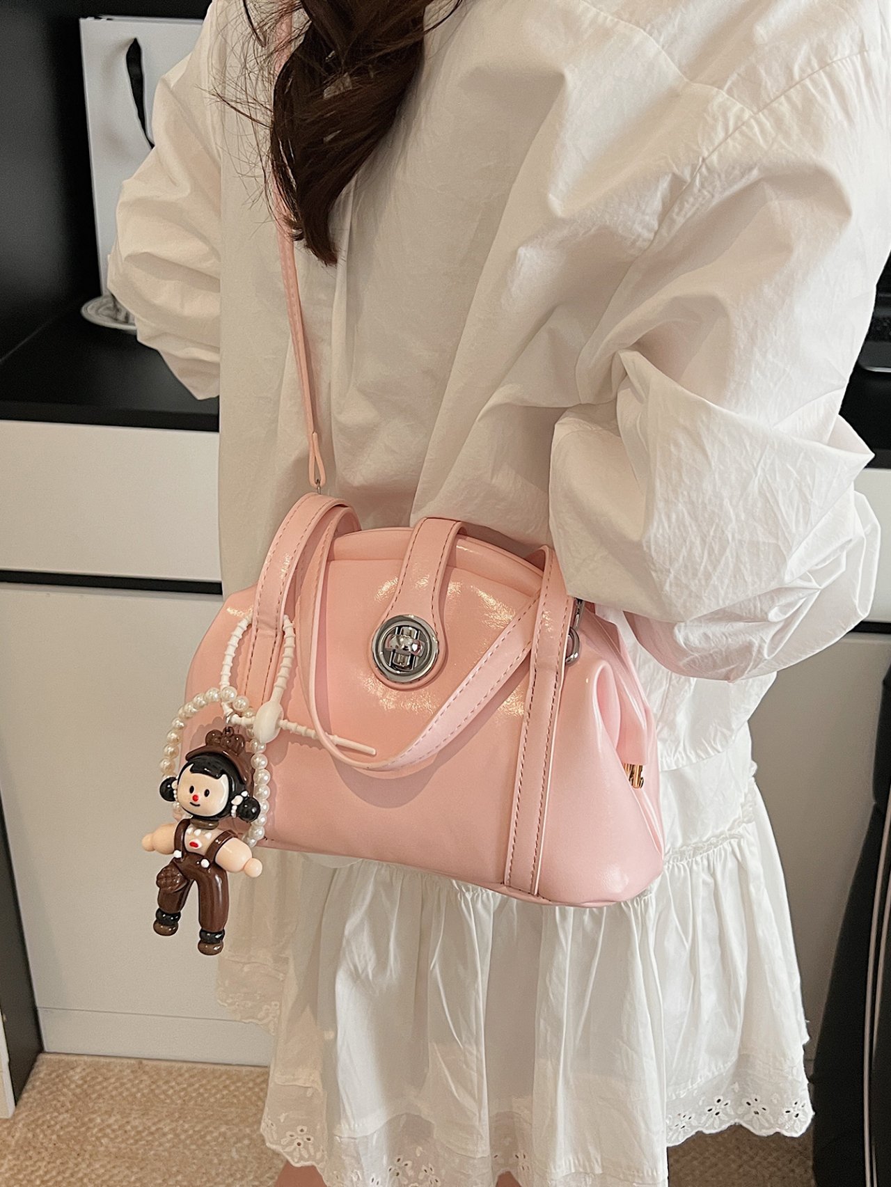 Pink Crossbody Bag with Pearl Charm