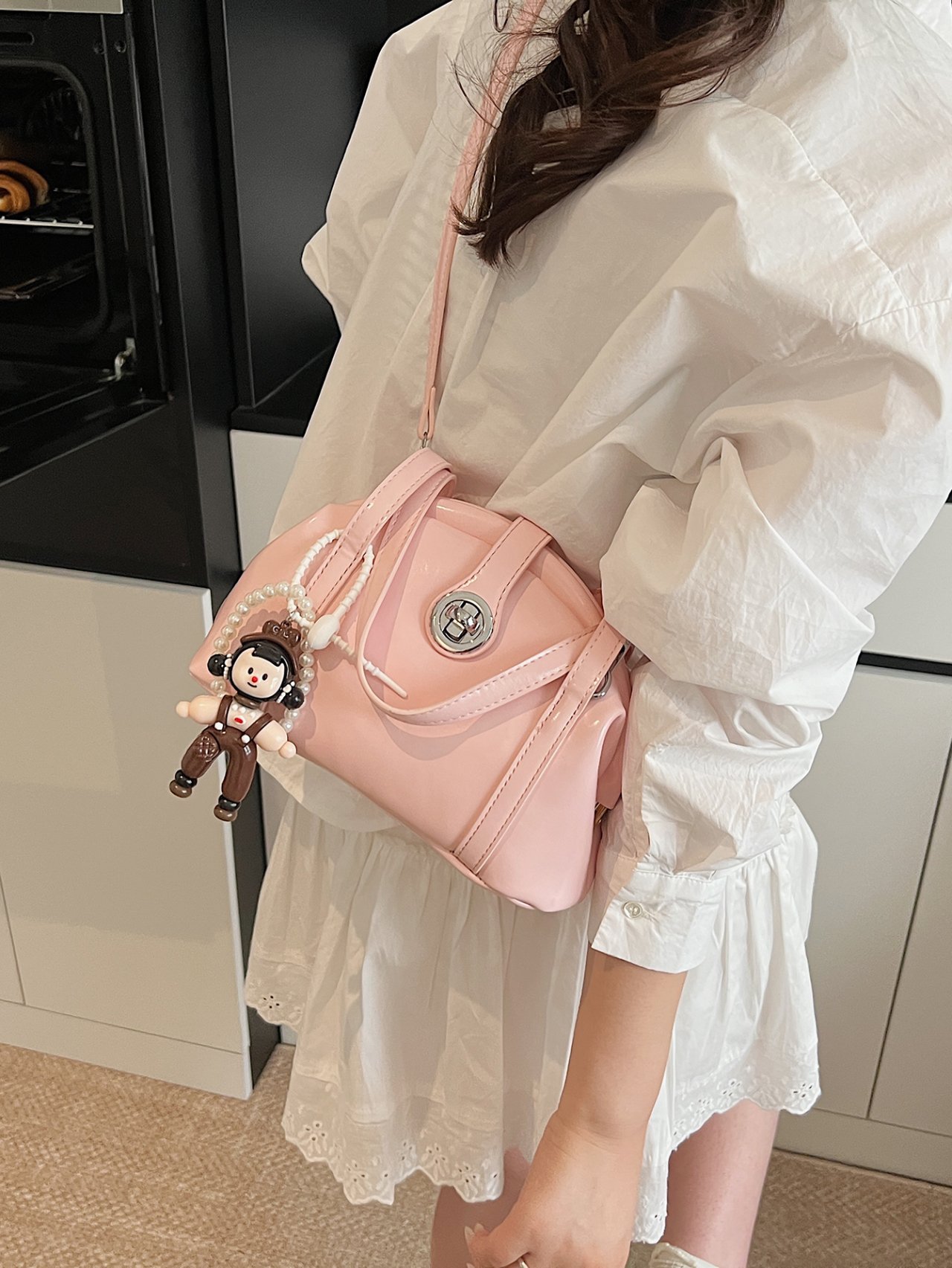 Pink Crossbody Bag with Pearl Charm