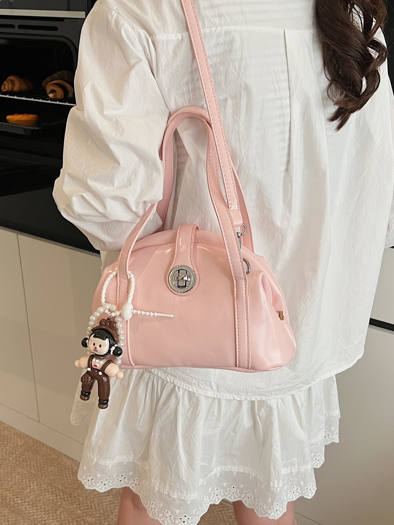 Pink Crossbody Bag with Pearl Charm