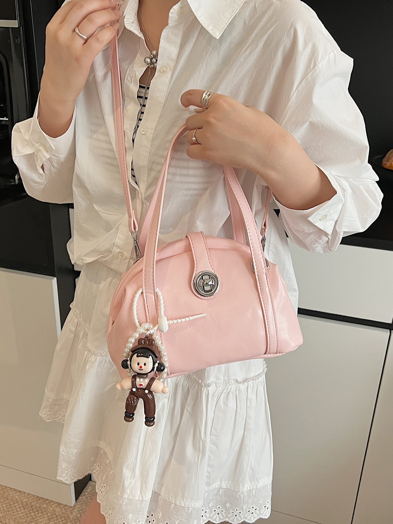 Pink Crossbody Bag with Pearl Charm