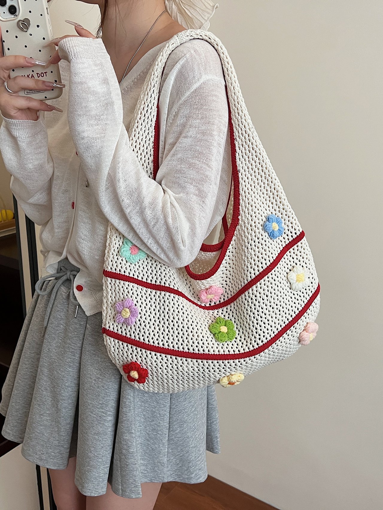Off-White Floral Crochet Shoulder Bag 