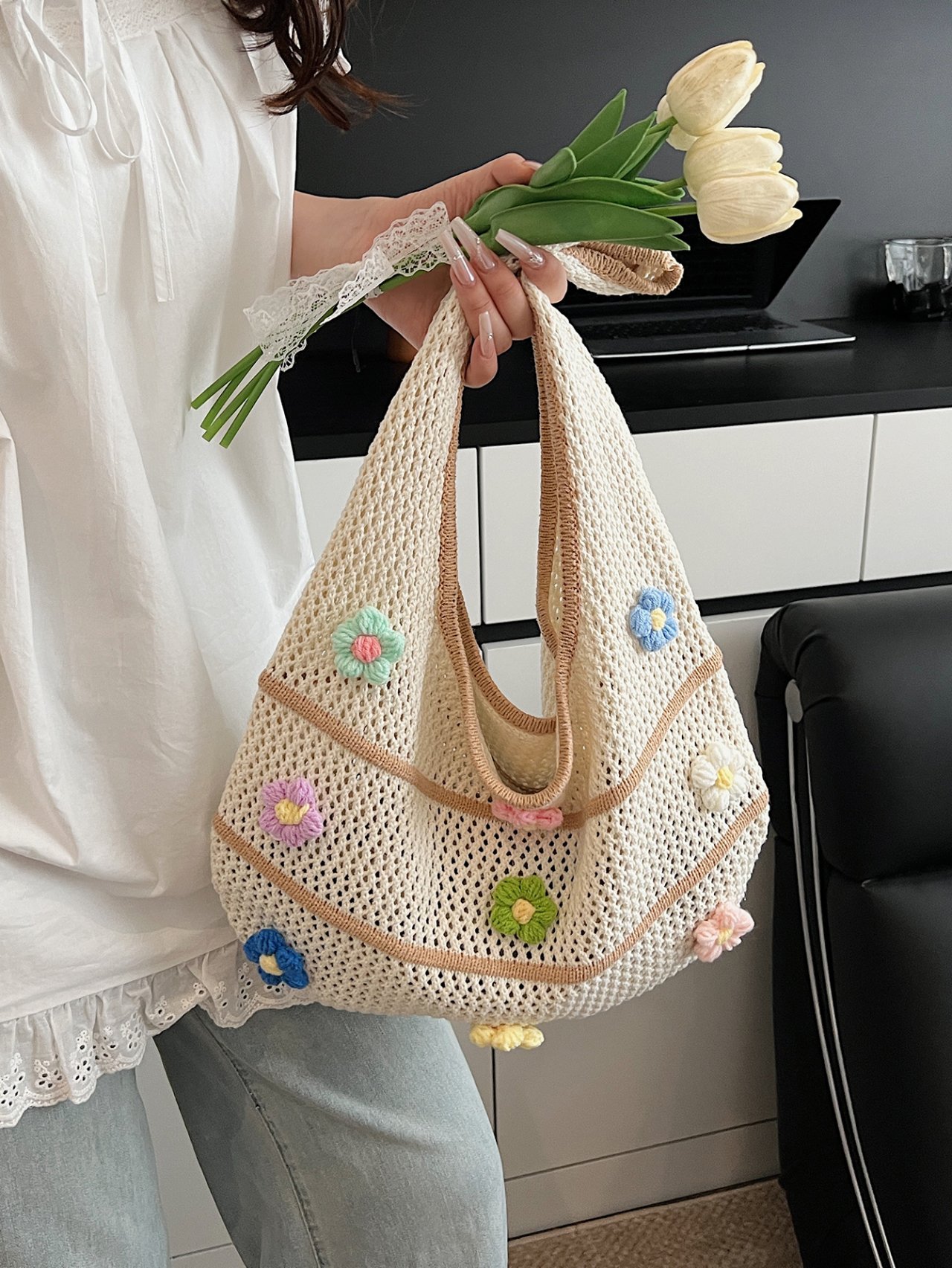 Khaki Crocheted Floral Mesh Shoulder Bag