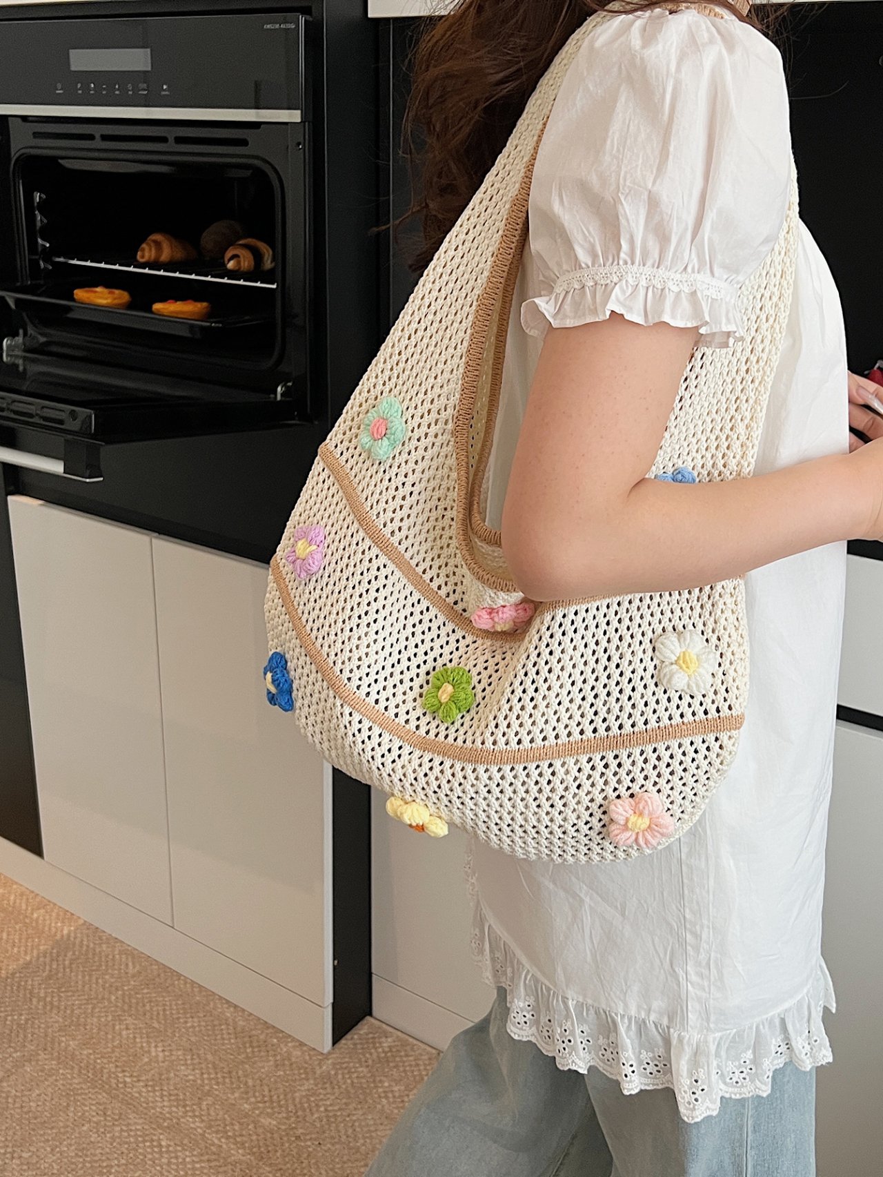 Khaki Crocheted Floral Mesh Shoulder Bag