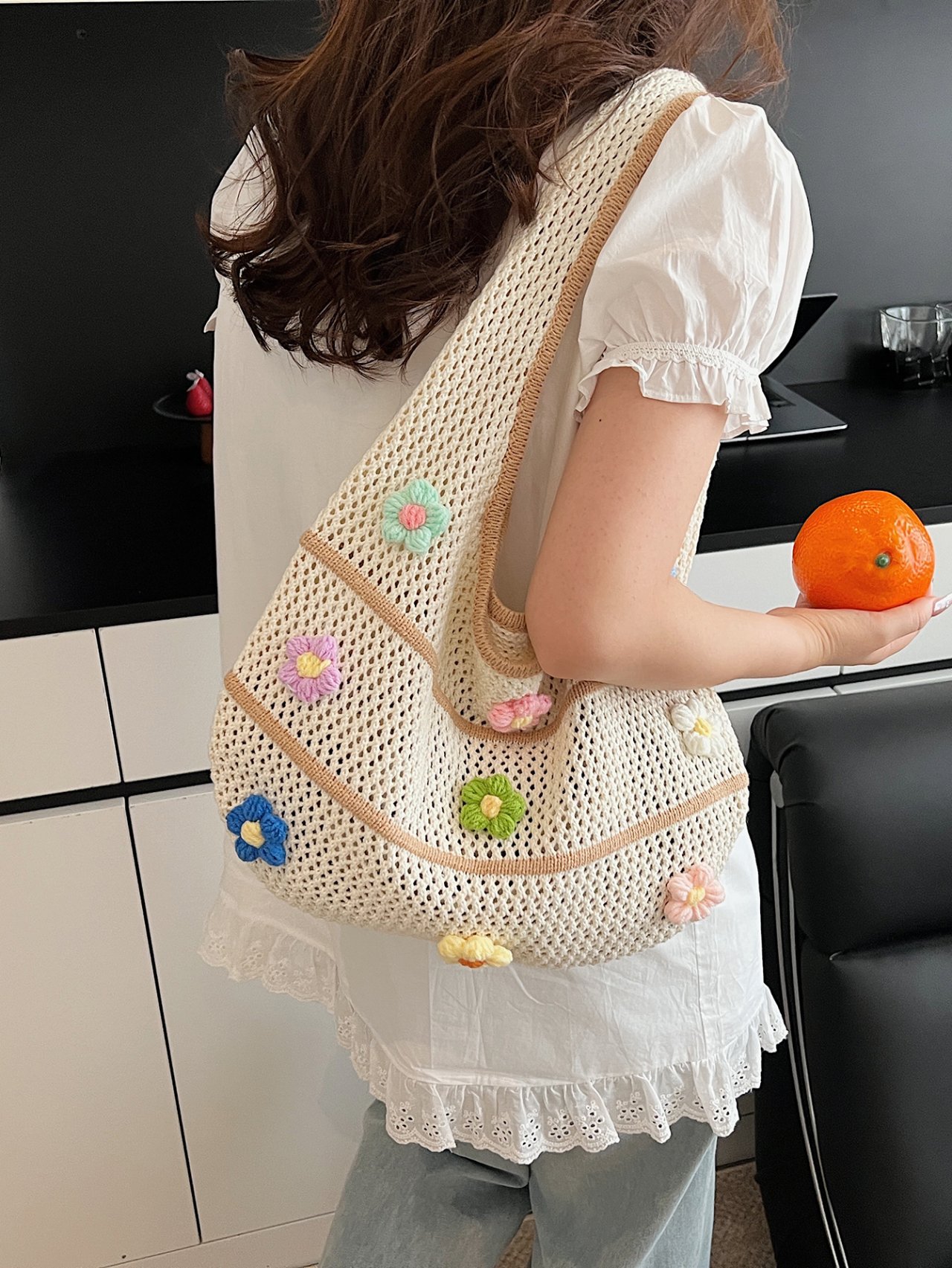 Khaki Crocheted Floral Mesh Shoulder Bag