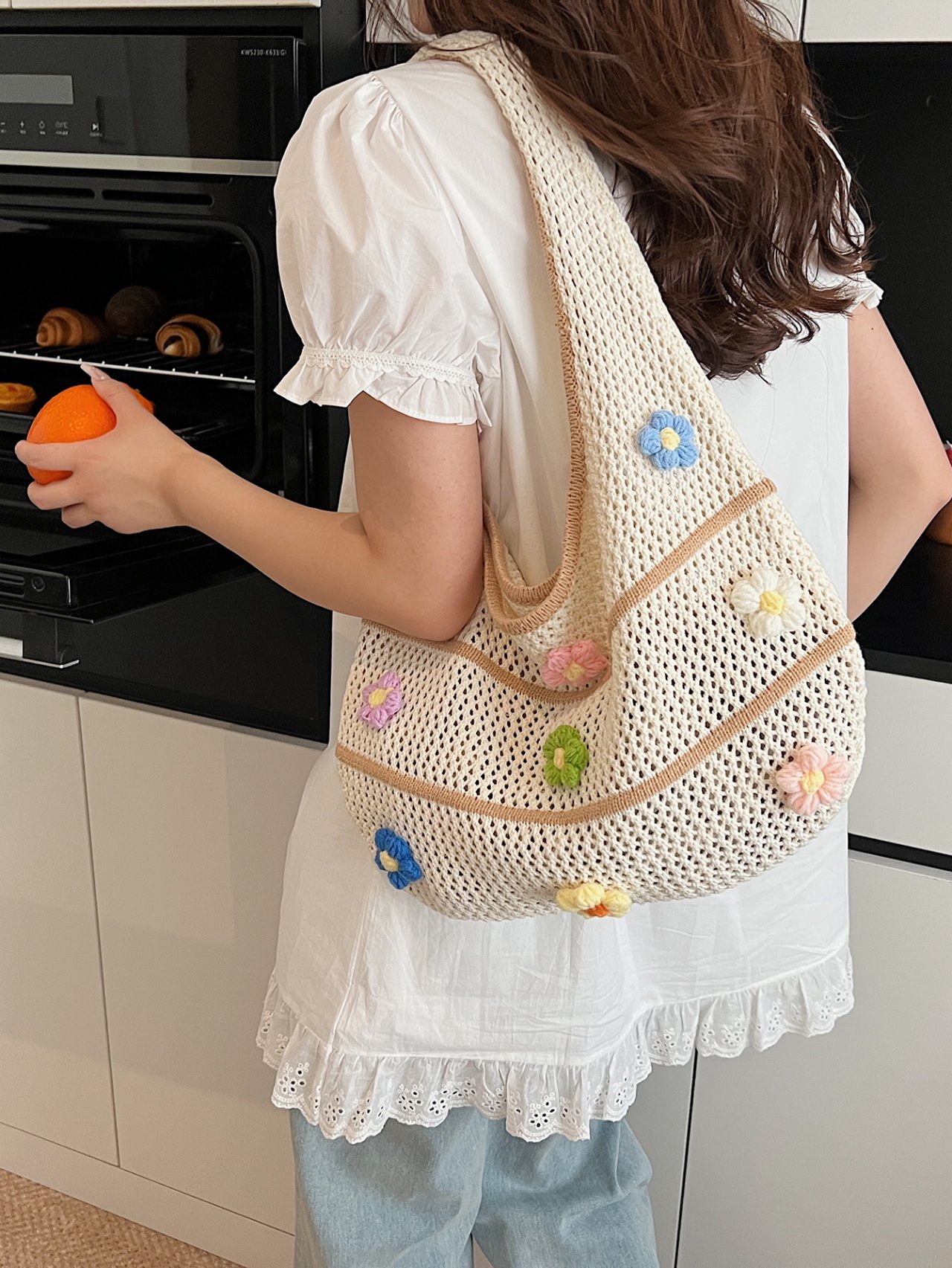 Khaki Crocheted Floral Mesh Shoulder Bag