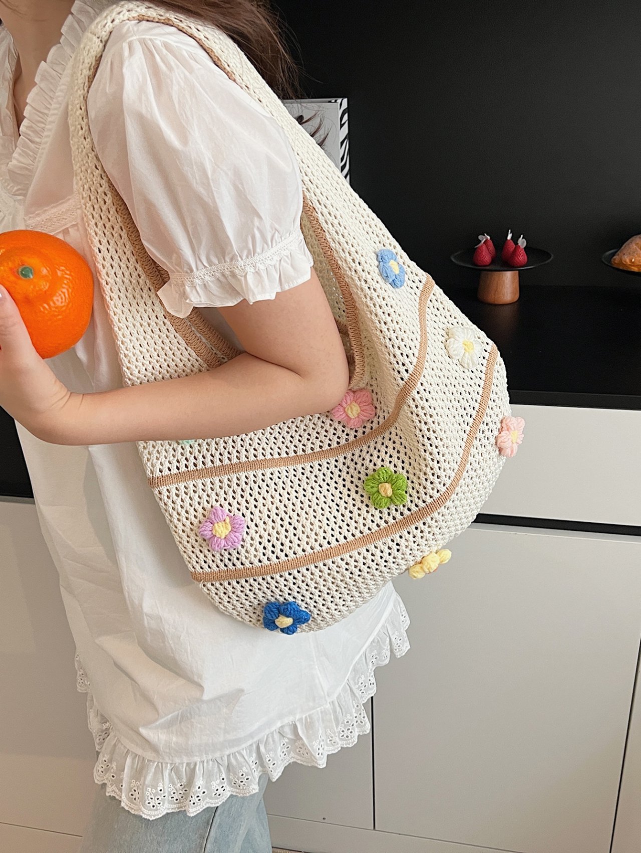 Khaki Crocheted Floral Mesh Shoulder Bag