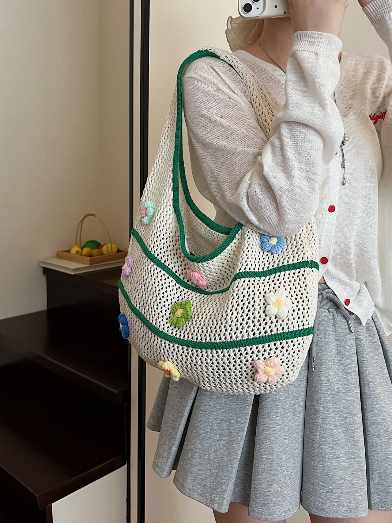 Off-White Floral Crochet Shoulder Bag