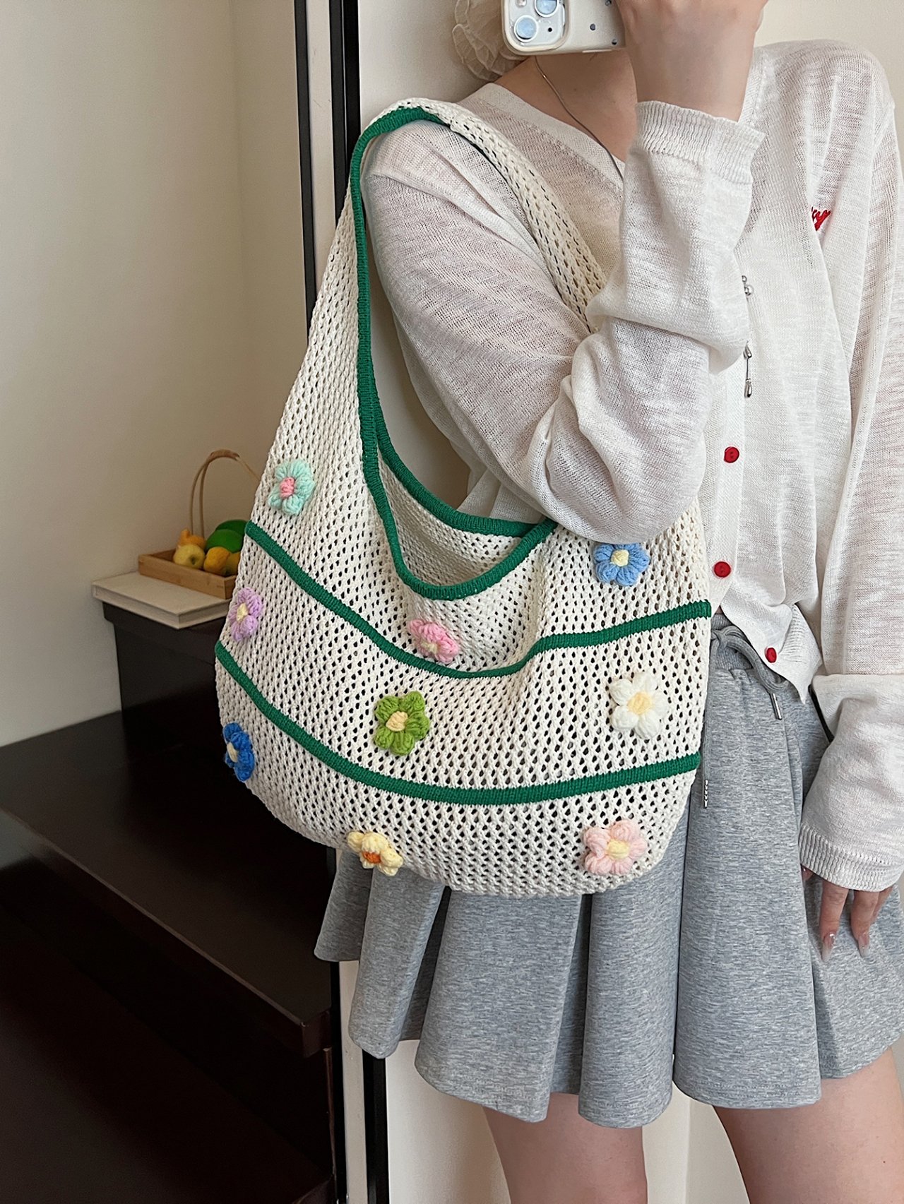 Off-White Floral Crochet Shoulder Bag