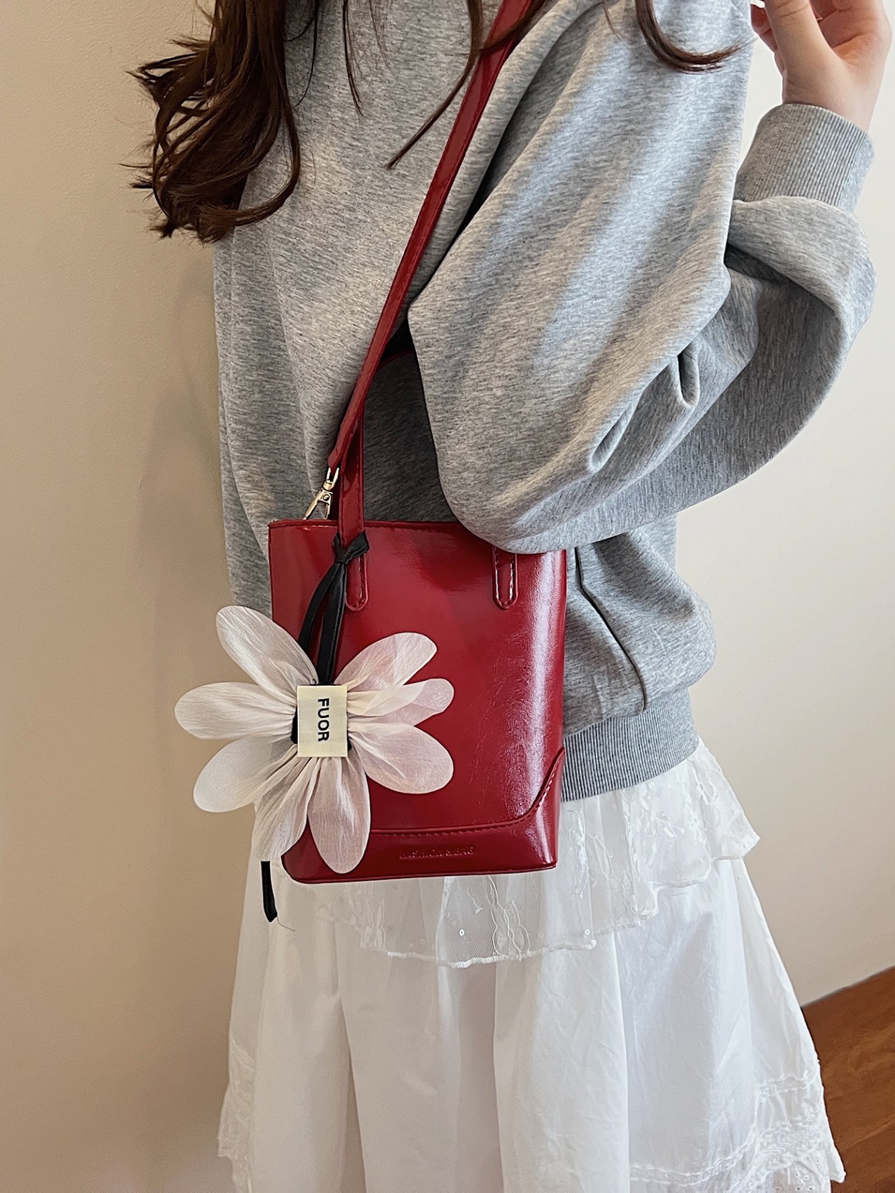 Red Mini Crossbody Bag with Floral Charm