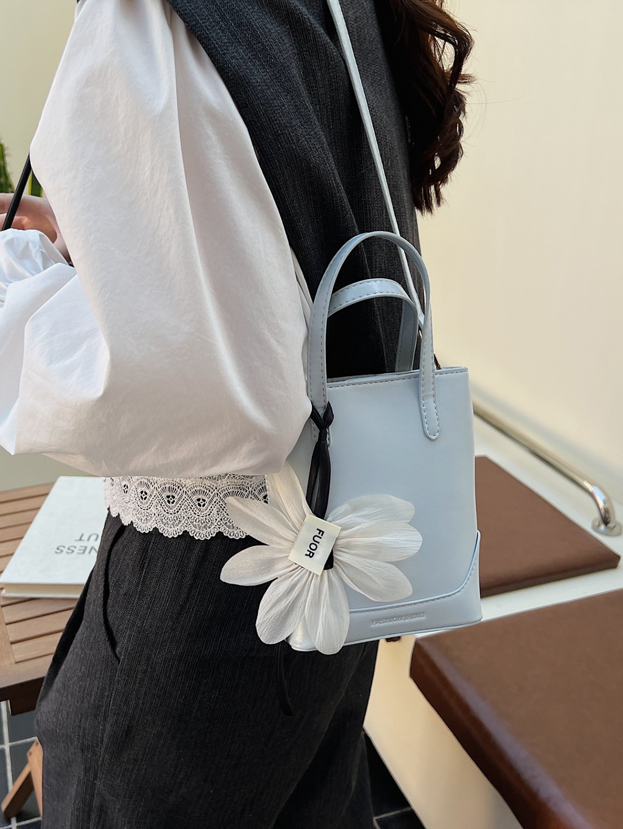 Blue Mini Handbag with Floral Charm