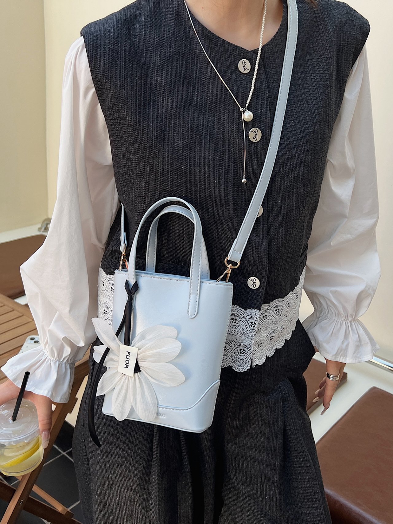 Blue Mini Handbag with Floral Charm
