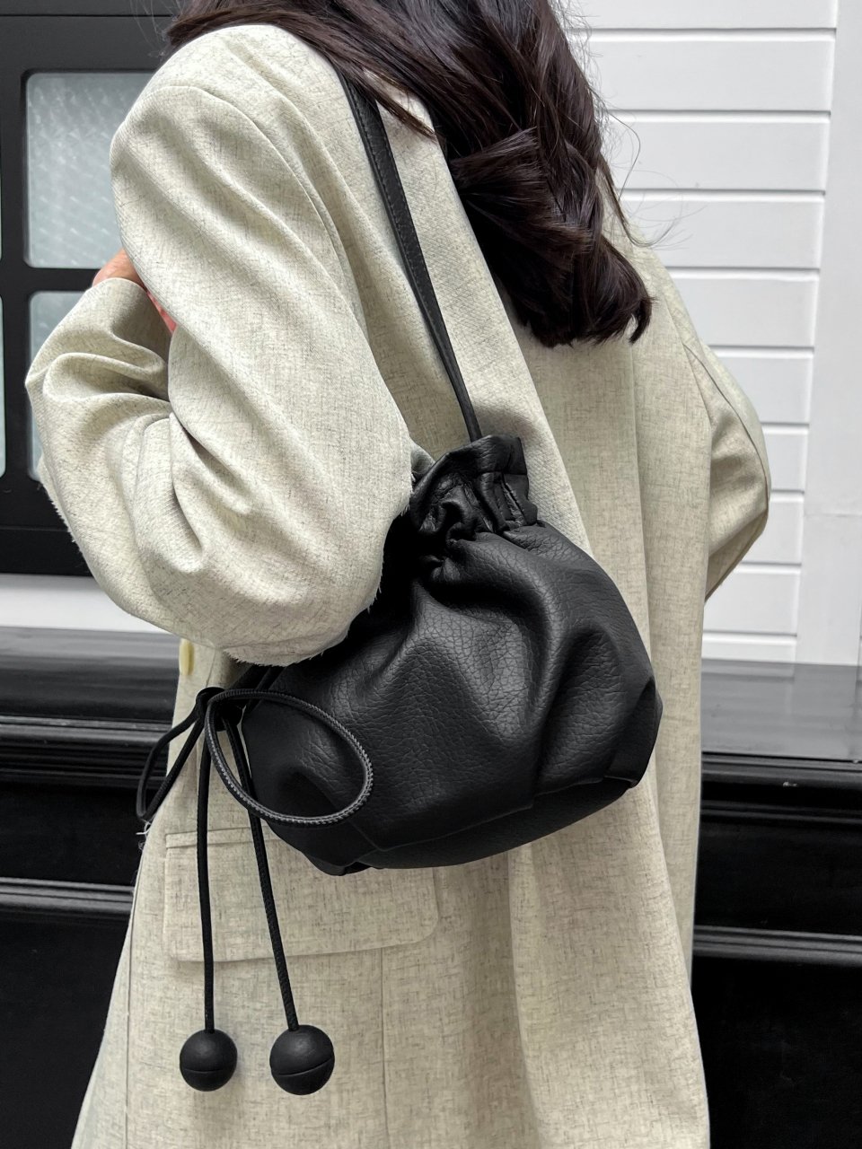 Black Drawstring Bucket Shoulder Bag