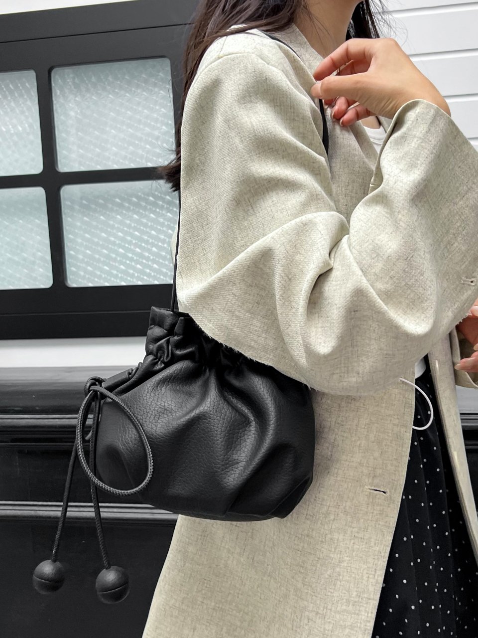 Black Drawstring Bucket Shoulder Bag