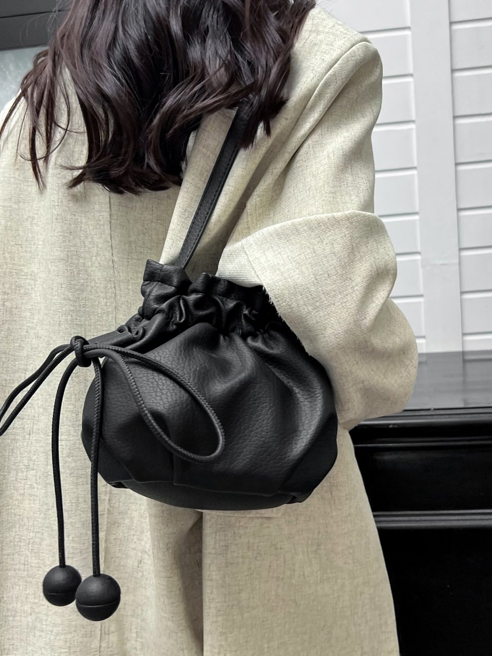 Black Drawstring Bucket Shoulder Bag