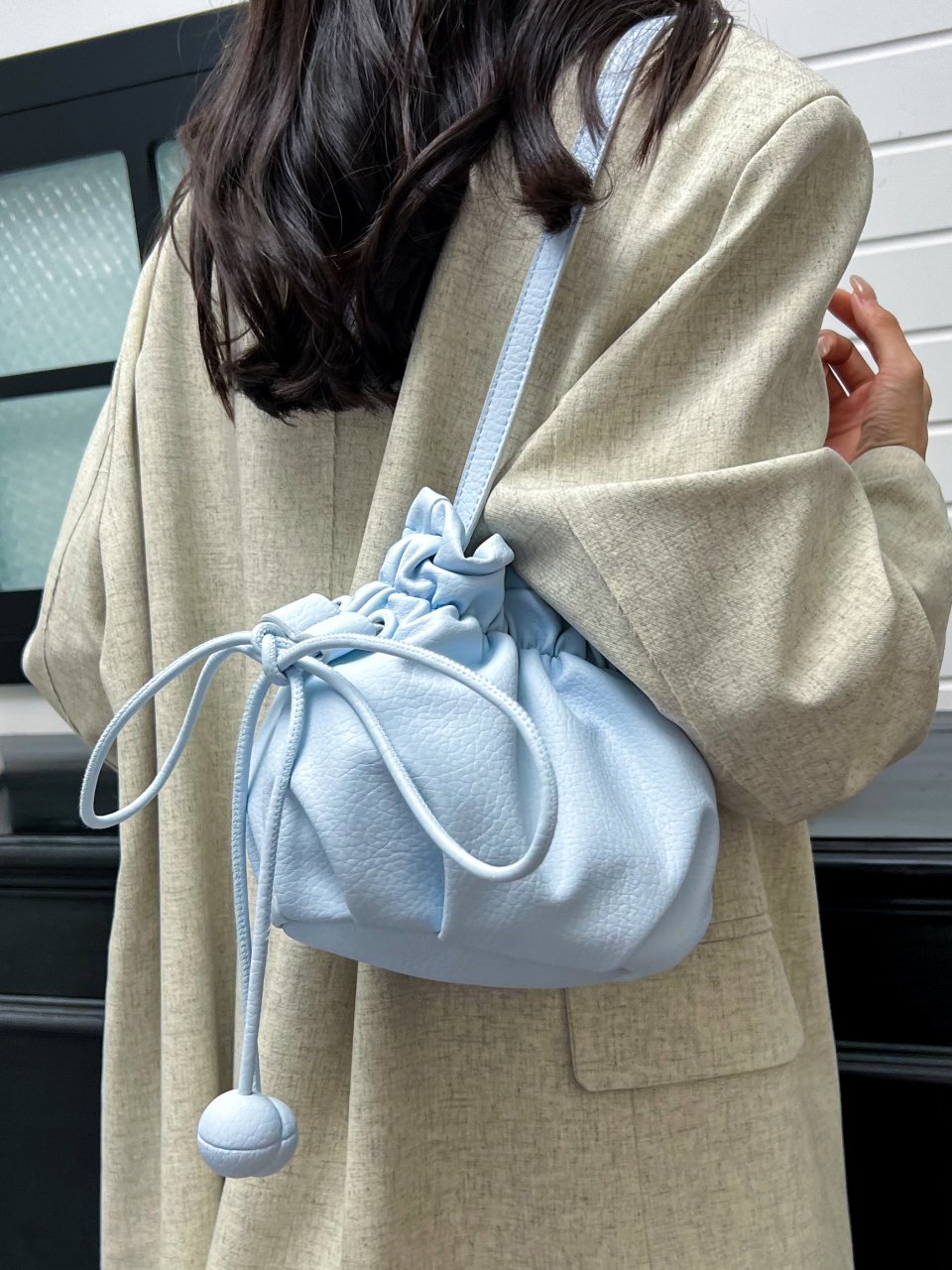 Blue Drawstring Bucket Shoulder Bag