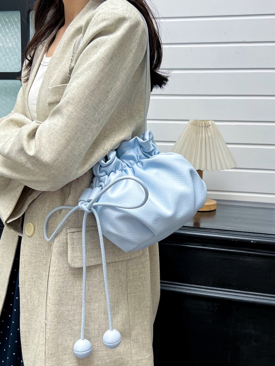 Blue Drawstring Bucket Shoulder Bag