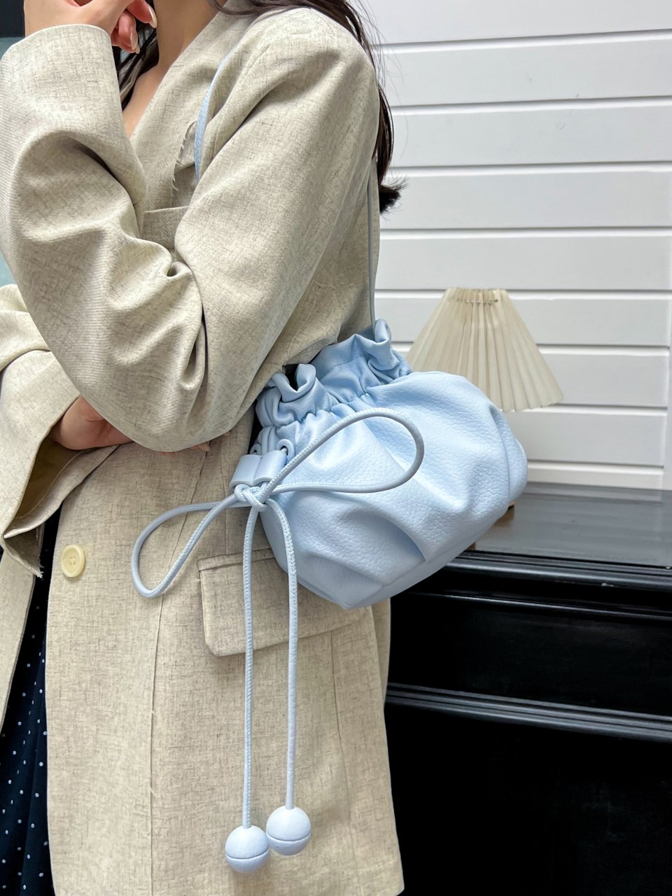 Blue Drawstring Bucket Shoulder Bag