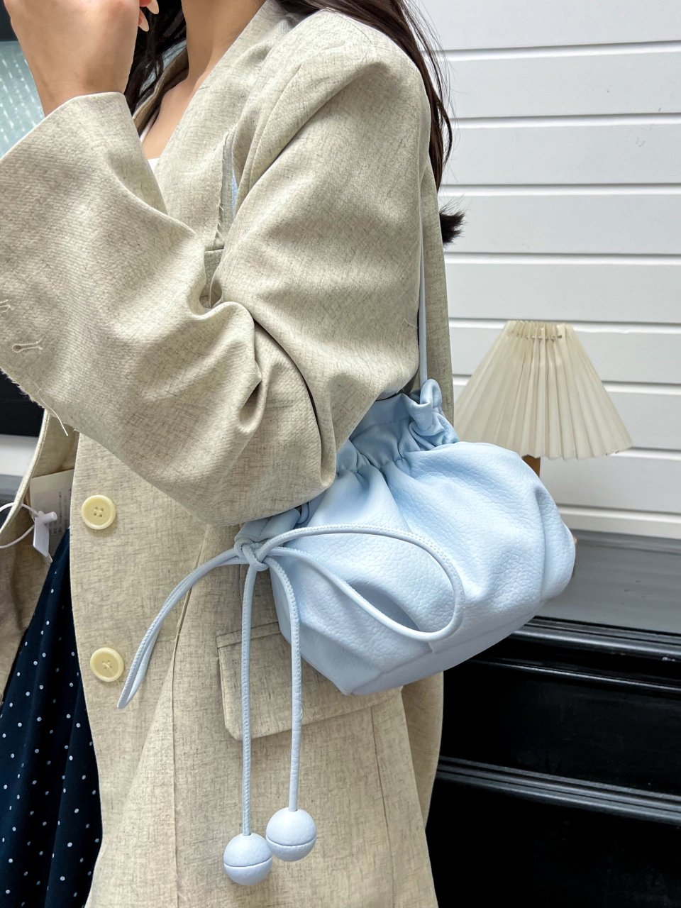 Blue Drawstring Bucket Shoulder Bag
