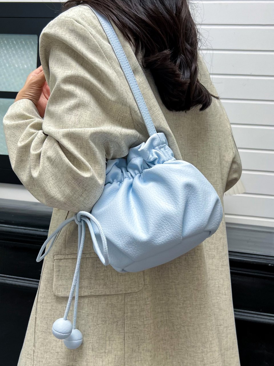 Blue Drawstring Bucket Shoulder Bag