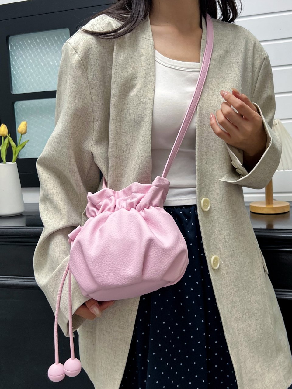 Pink Ruched Drawstring Bucket Shoulder Bag