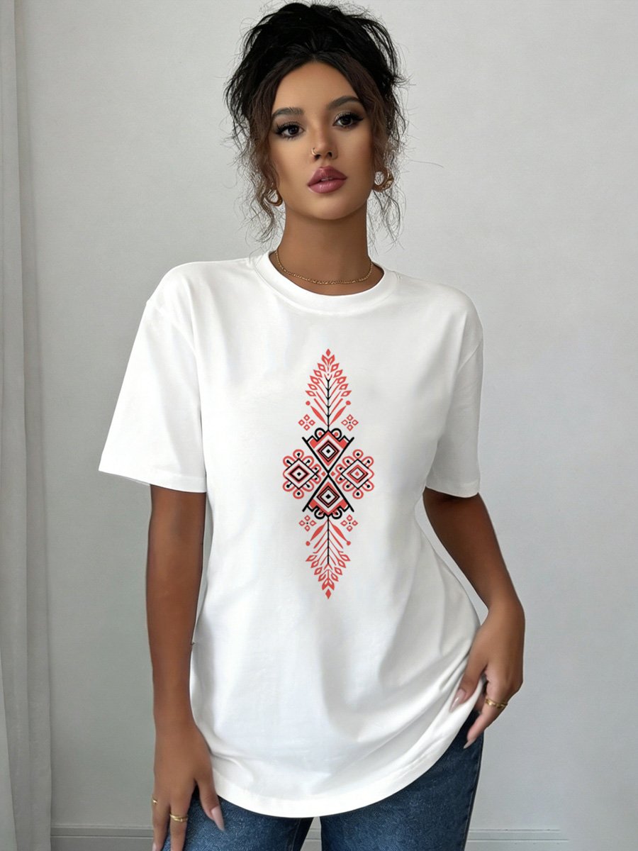 White Knitted T-Shirt with Geometric Ethnic Print