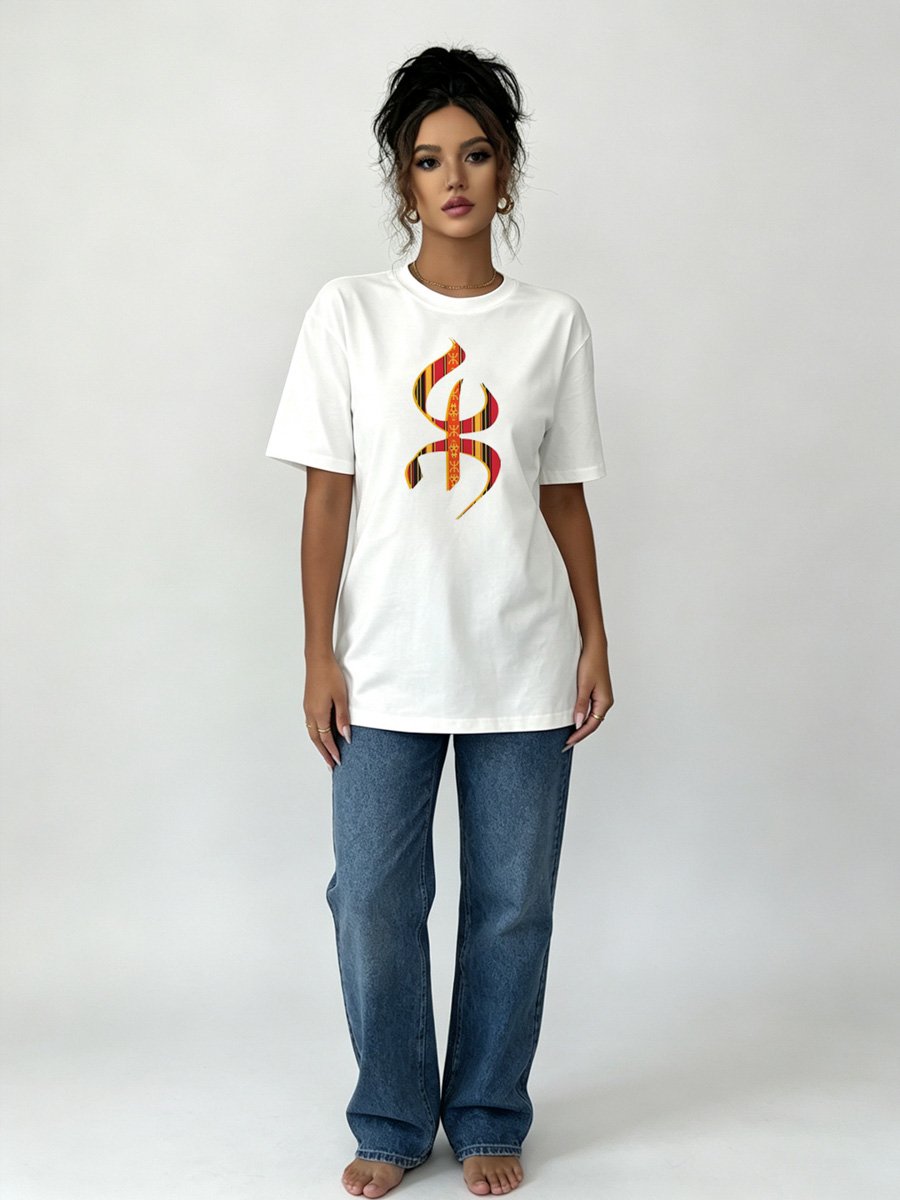 White Knitted T-Shirt with Cultural Motif