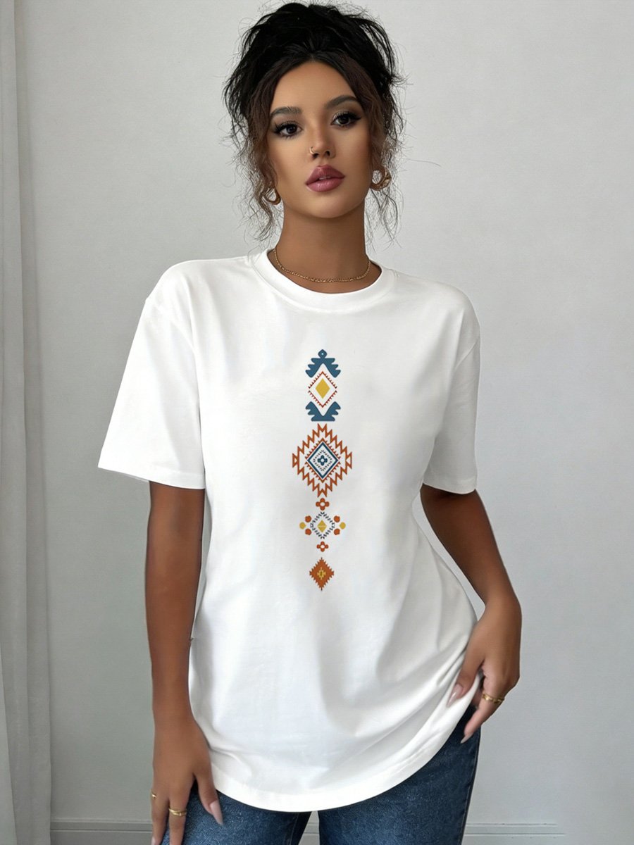 White Knitted T-Shirt with Aztec Print